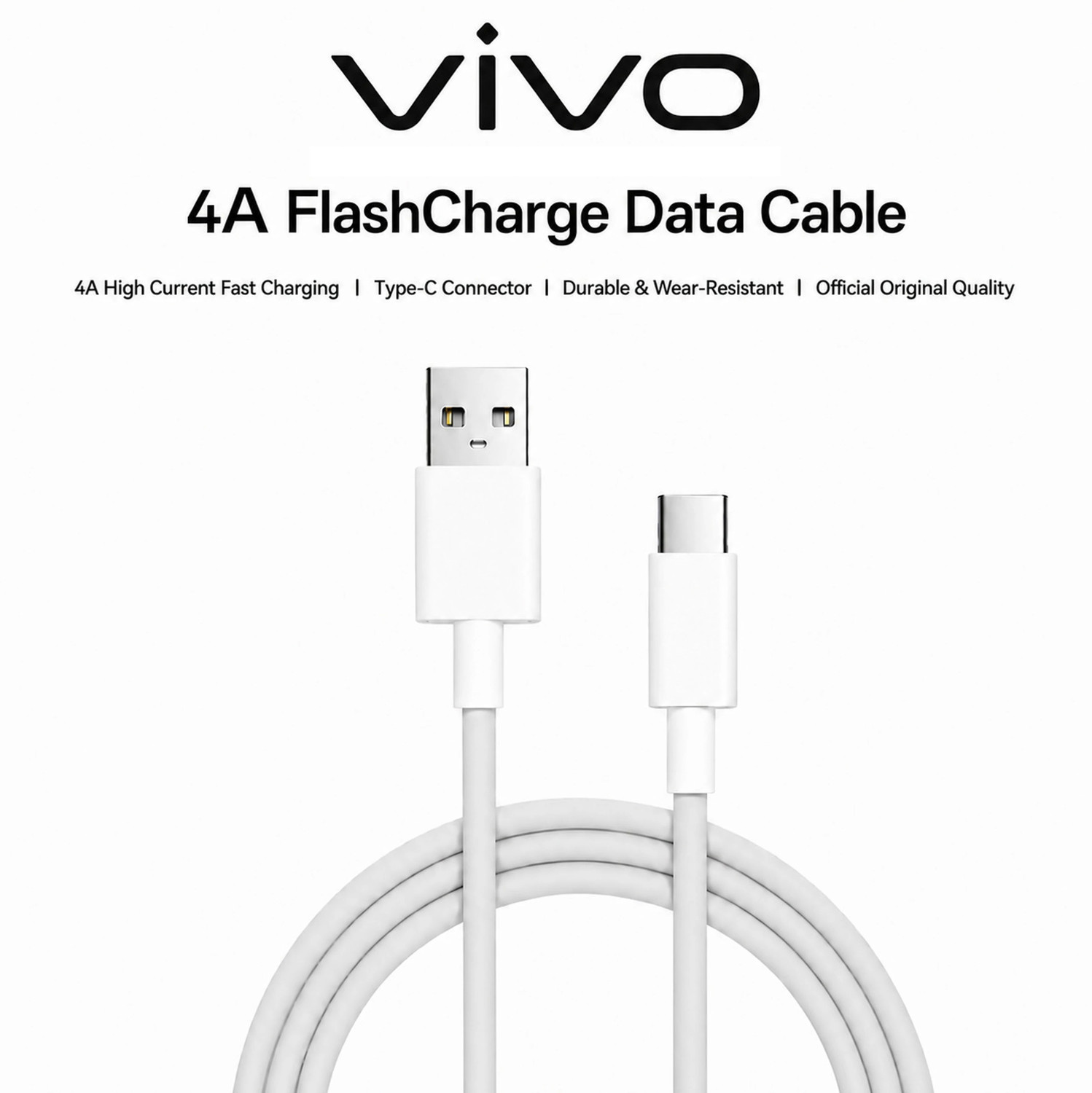 Image of vivo USB Type C Cable 4 A 1 m Supports 44W fast charging|Durable TPE material|Vivo Official Authentic Product 4A FlashCharge 44w charging / data cable (Compatible with Supports Up to 60W Fast Charging | Compatible with vivo & iQOO Smartphones, White, One Cable, USB Type A To USB Type C)