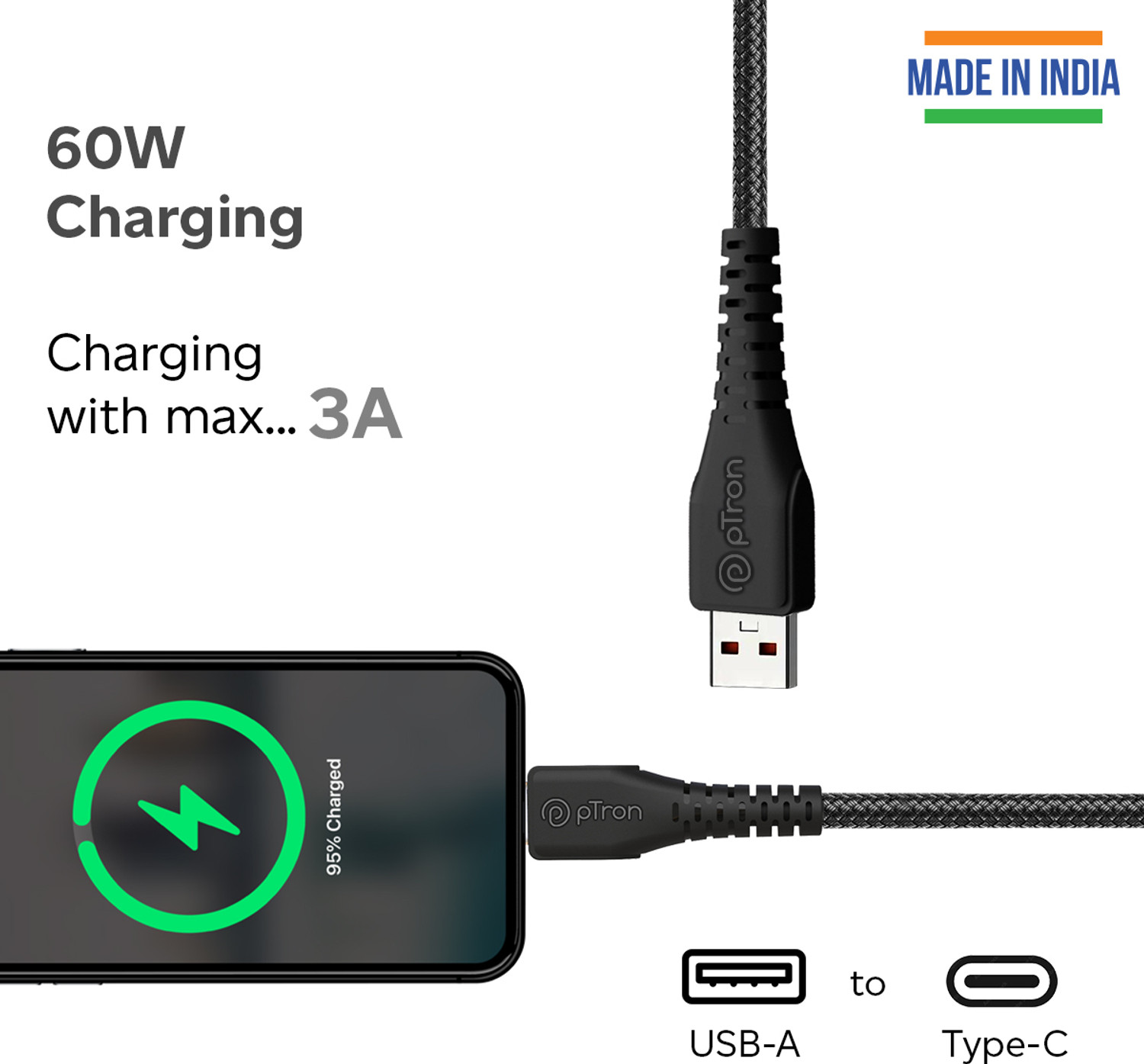 Image of PTron USB Type C Cable 3 A 1 m 480.0