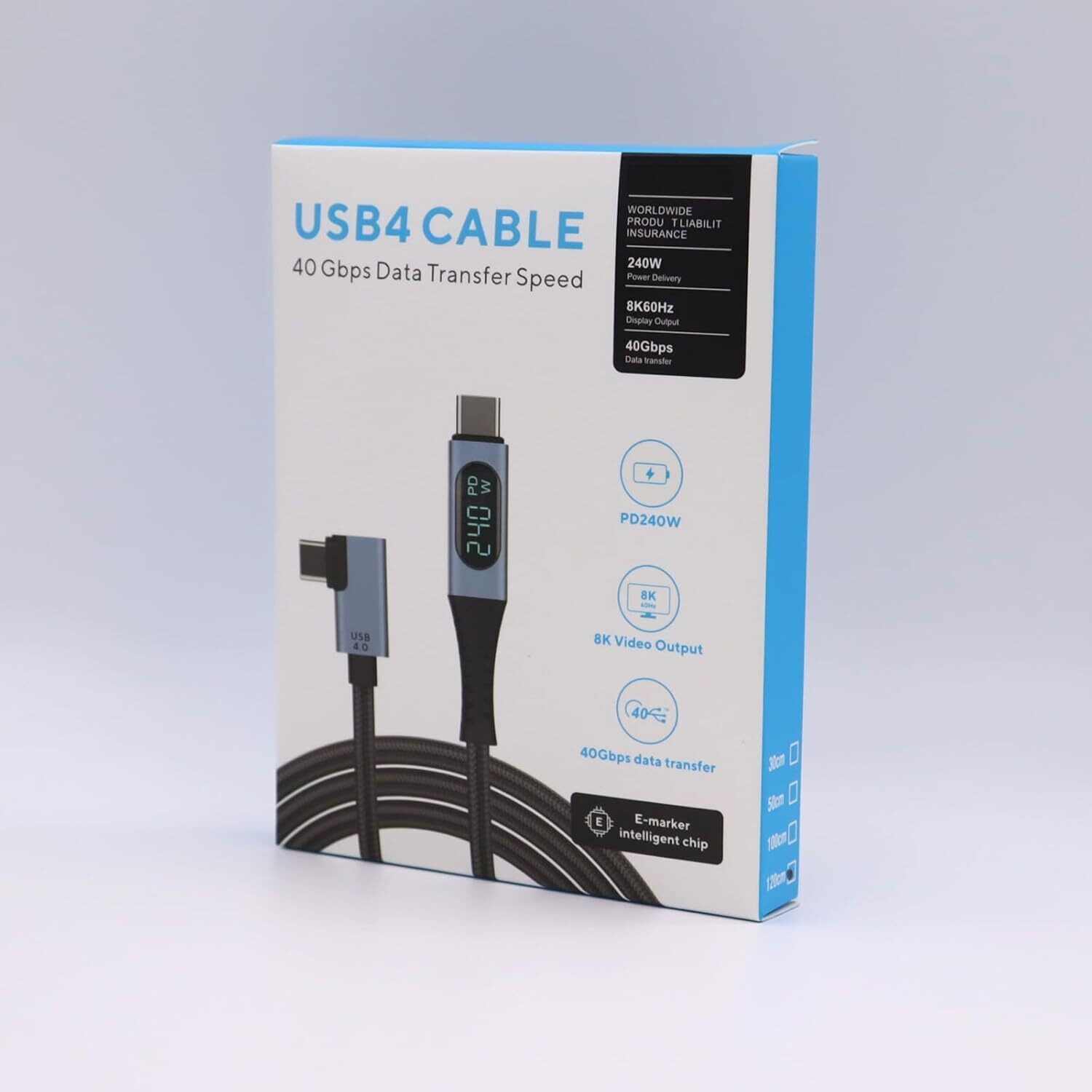 Image of Tobo USB Type C Cable 1 m Plastic 240W USB 4.0 PD Type C Cable with LED Display, 8K@60Hz 40Gbps USB Type C Male to USB C Male Cable L Shape Cord Wire Compatible with Mack-Book i Pad Galaxy Laptop etc.TD-1420CC