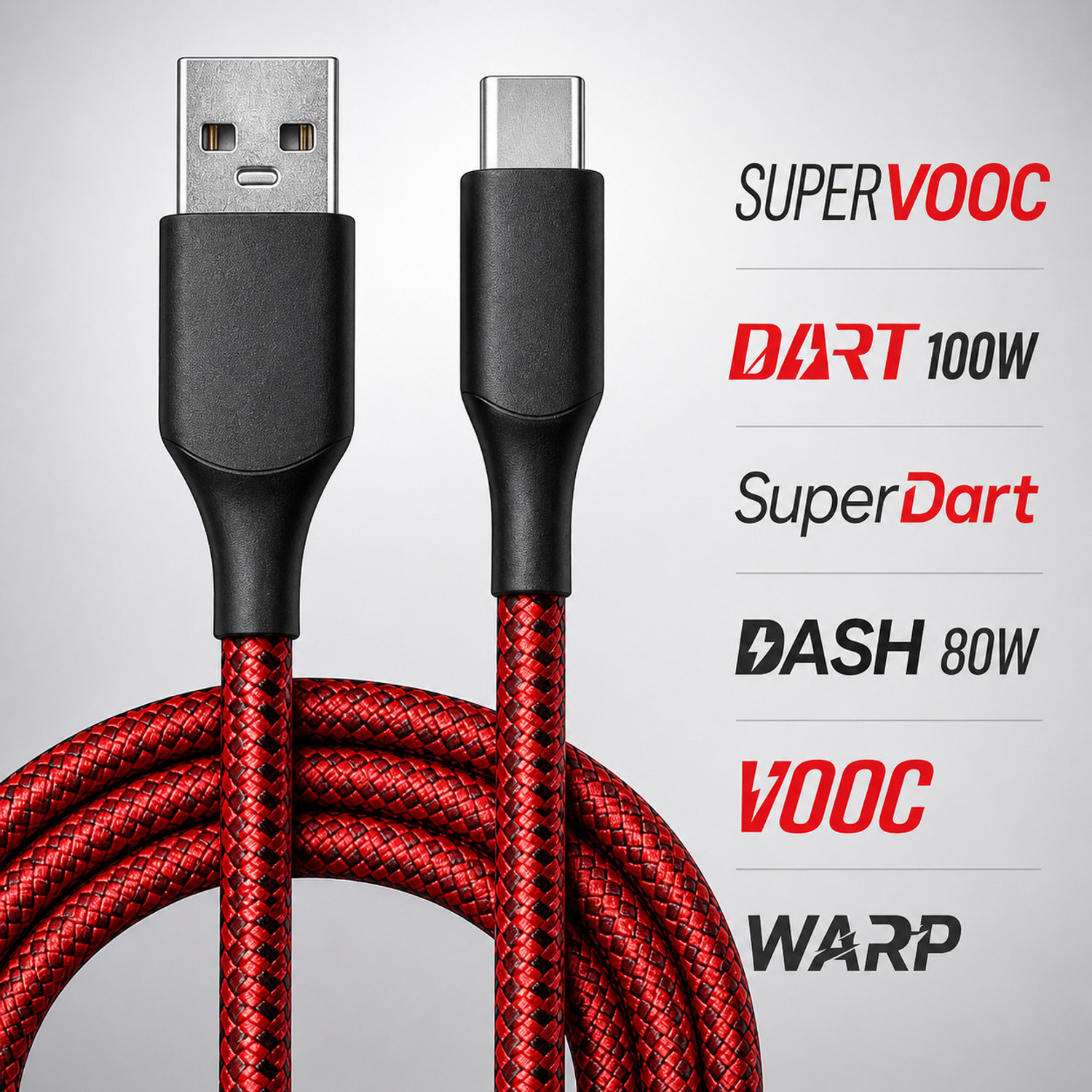 Image of ULTRADART USB Type C Cable 1 m 100W SuperVOOC Fast Charging USB Type C Cable 10A Braided Warp Dash Dart Flash Charge Data Sync Cable for Android Mobile Phones