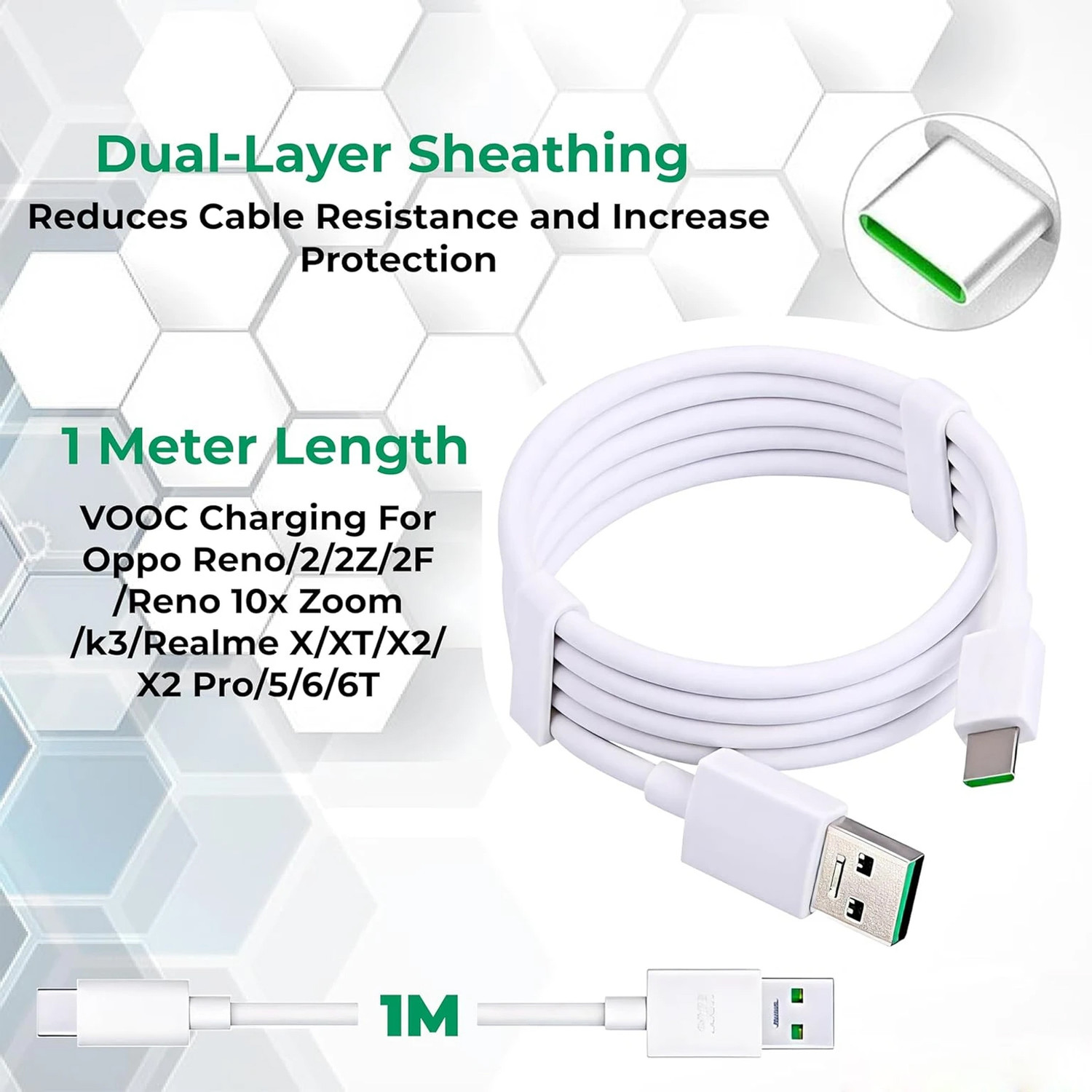 Image of mPix USB Type C Cable 3 A 1 m Original SuperVOOC Charging Type C Cable for Oppo Reno 11 Pro /Reno 10 /Reno 9 /F25 Pro /F23 /F21 Pro /Reno 8T 5G /A78 & Compatible Devices (Compatible with All Oppo Type-C Devices, White, One Cable, USB Type A To USB Type C)