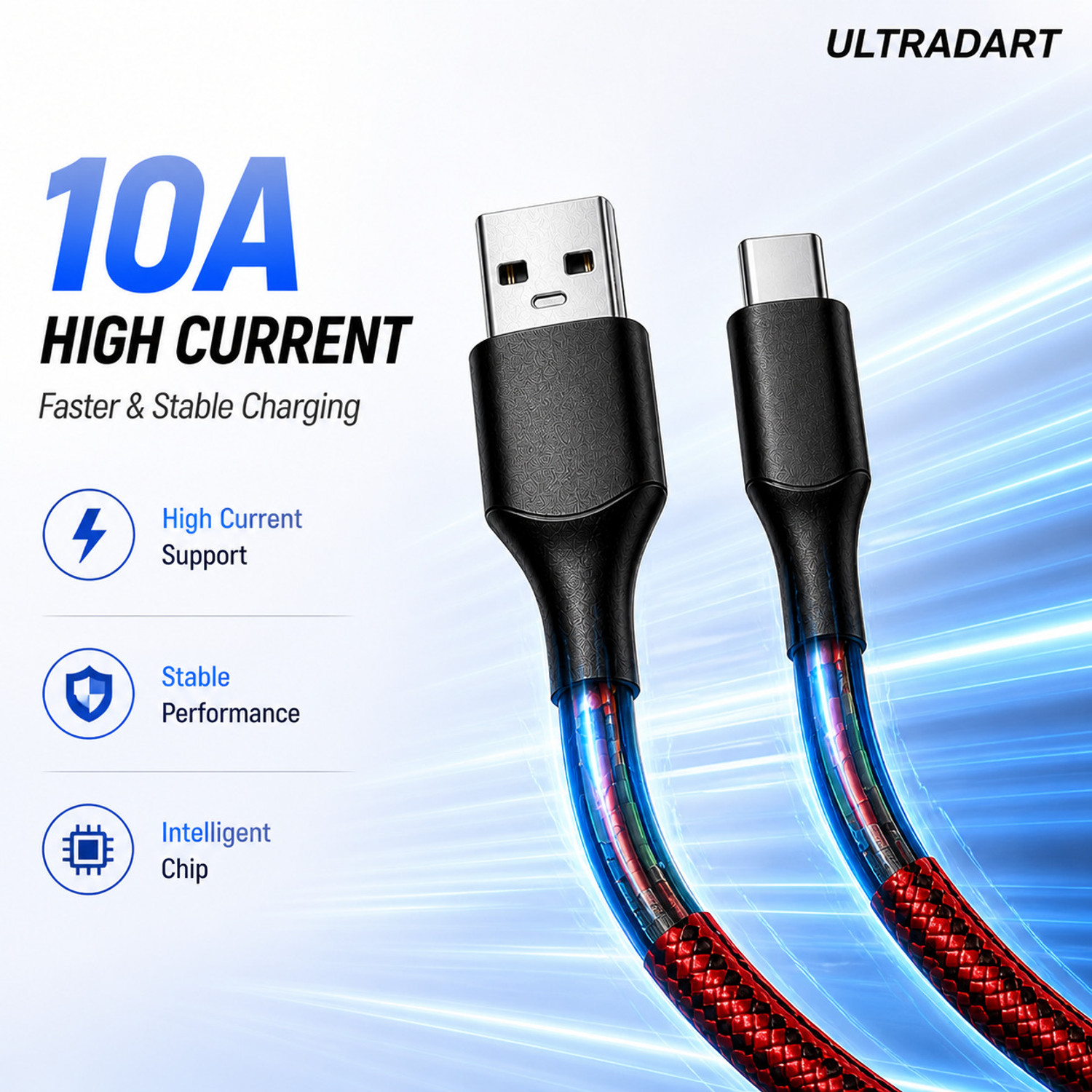 Image of ULTRADART USB Type C Cable 1 m 100W SuperVOOC Fast Charging USB Type C Cable 10A Braided Warp Dash Dart Flash Charge Data Sync Cable for Android Mobile Phones