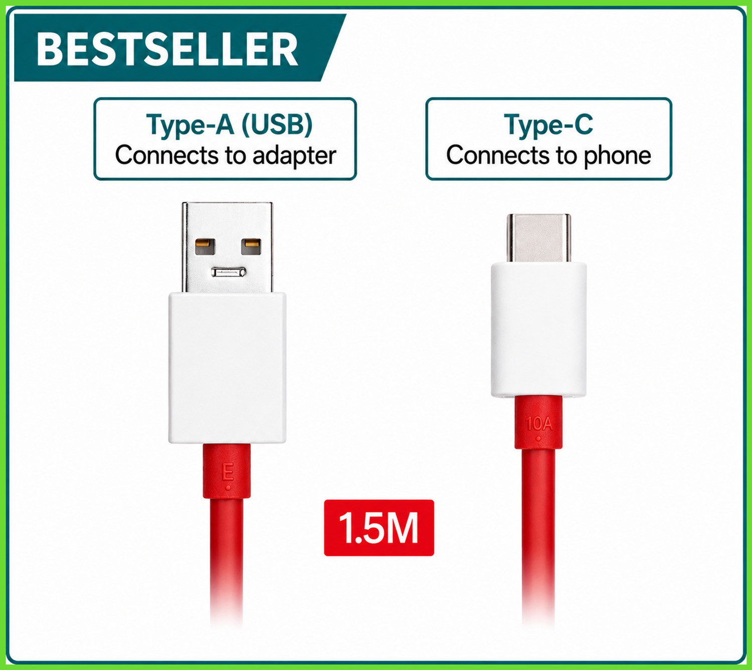 Image of OnePlus USB Type C Cable 10 A 1.5 m Copper Original 100W USB-A Type-C Premium Fast Charging Cable 1.5 Meter