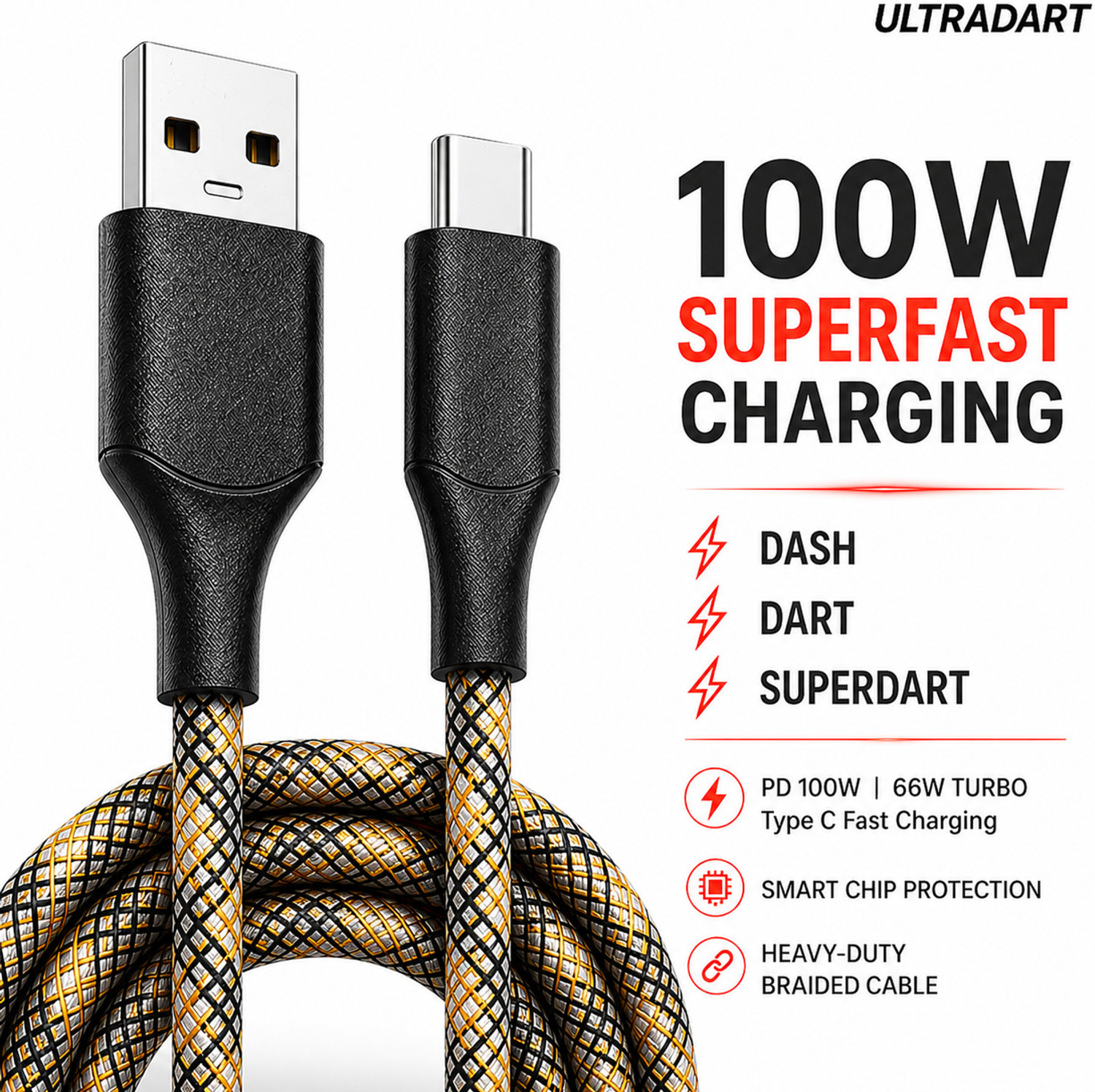 Image of ULTRADART USB Type C Cable 1 m 100W SuperVOOC Fast Charging USB Type C Cable 10A Braided Warp Dash Dart Flash Charge Data Sync Cable for Android Mobile Phones