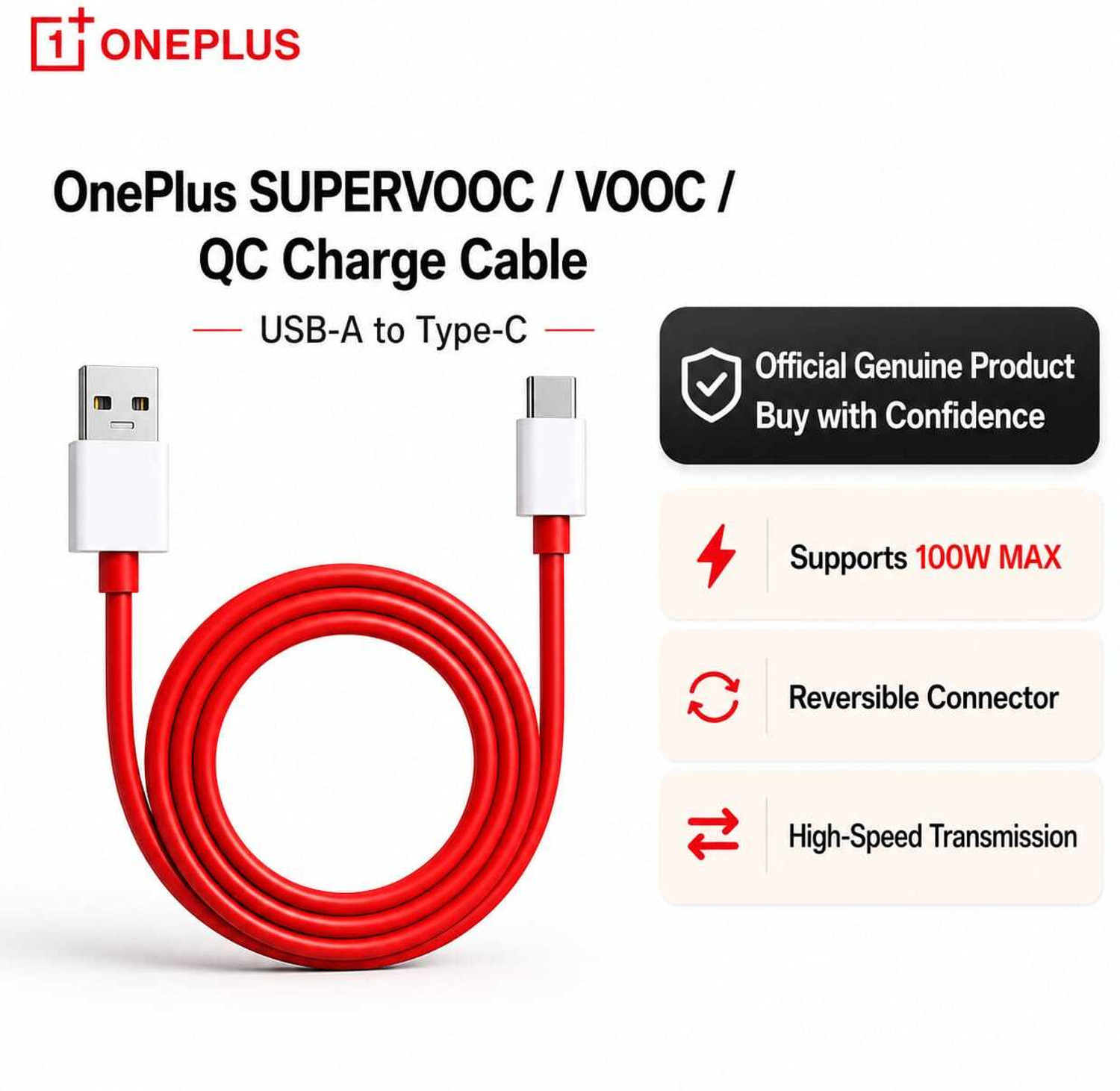 Image of OnePlus USB Type C Cable 10 A 1.5 m Original, SUPERVOOC, VOOC, WARP, SUPERDART, DART, DASH, QC DL129