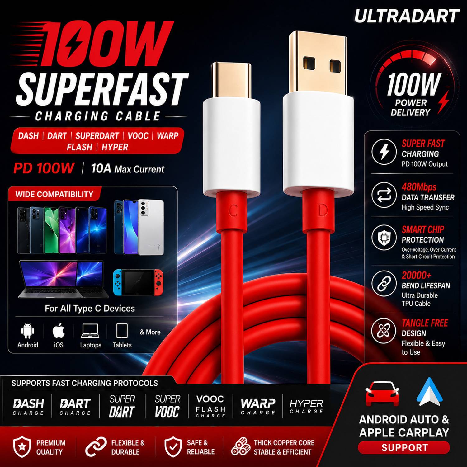 ULTRADART USB Type C Cable 10 A 1 m OEM 100W Fast Charging USB A to Type C Cable, SuperVOOC, Warp, Dash, Dart, Flash Charge Compatible