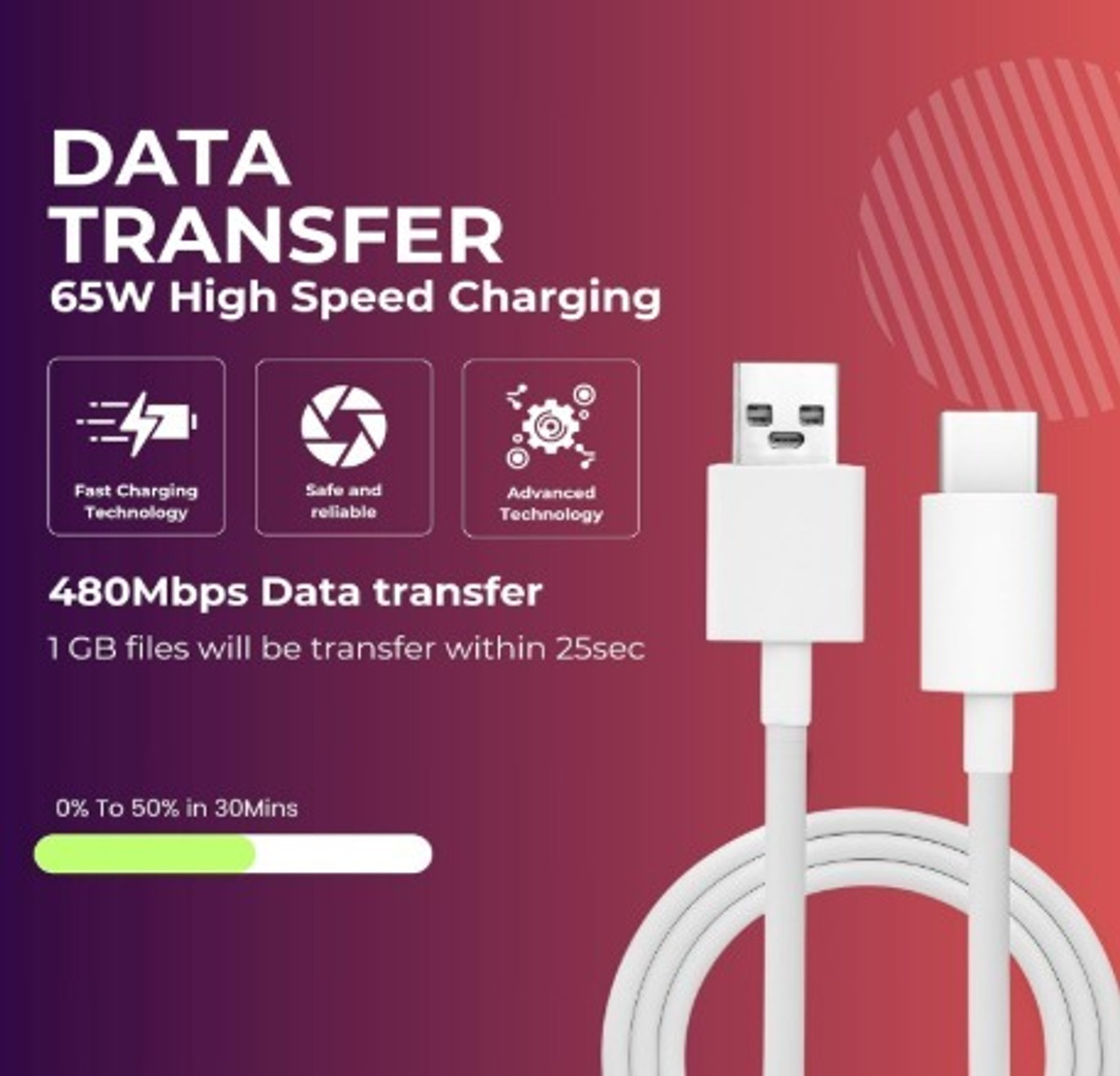 Image of vivo USB Type C Cable 3 A 1 m Aluminum Foil USB Type C 65W Turbo Charging Cable