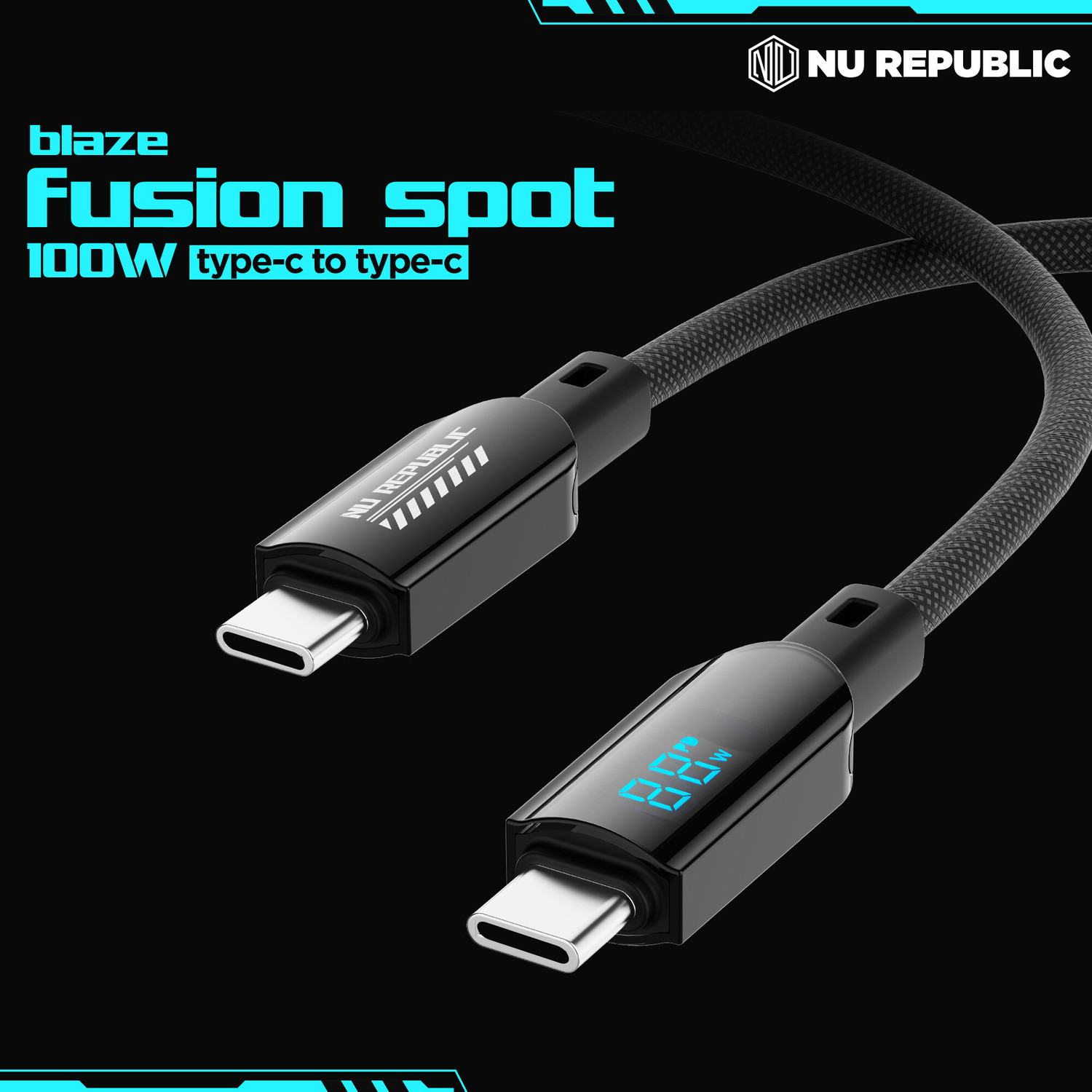 Image of Nu Republic USB Type C Cable 5 A 1.2 m Aluminum Foil, Tinned Copper Braid Blaze Fusion Spot 100W With Led Display USB-Type-C To Type-C Data Charging Cable