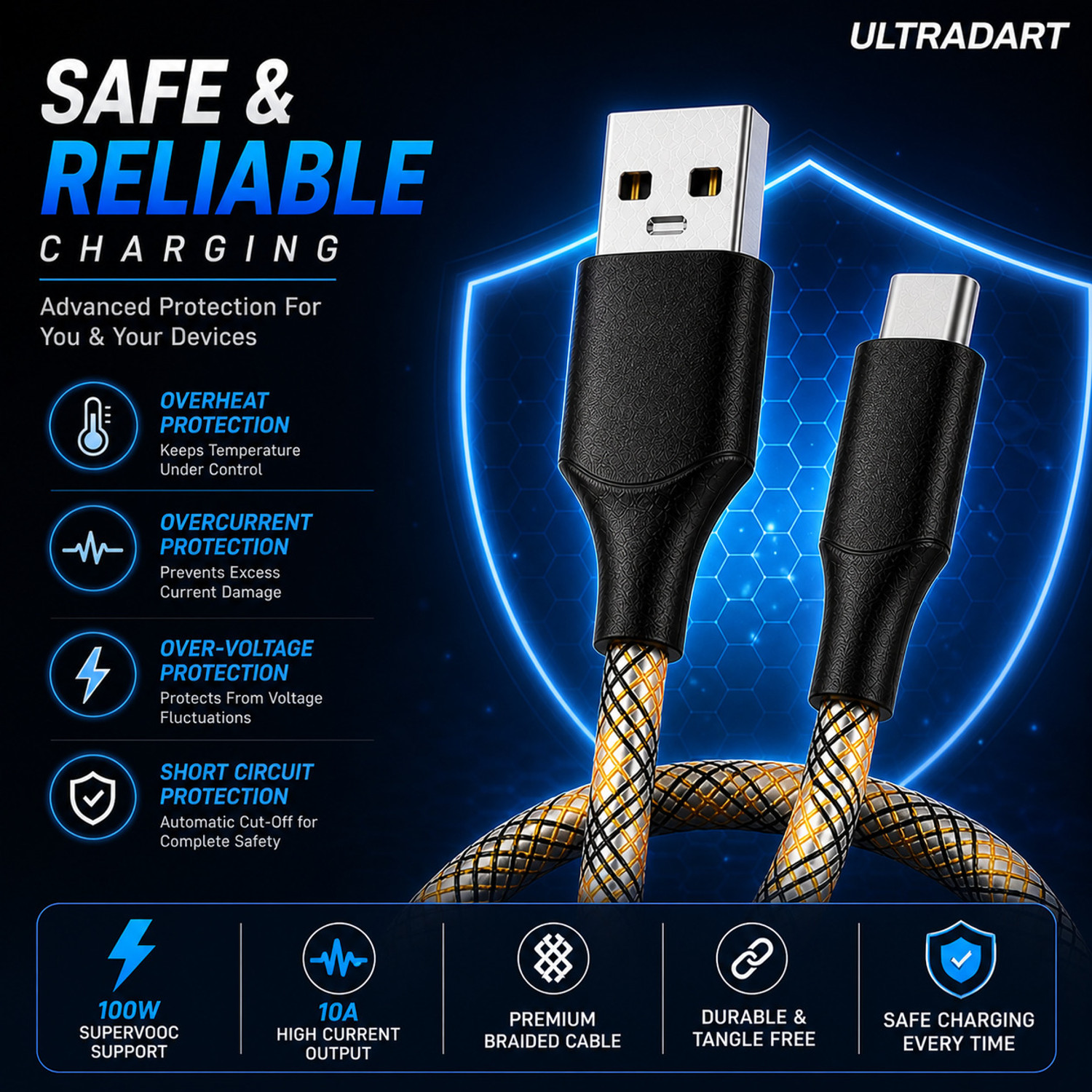 Image of ULTRADART USB Type C Cable 1 m 100W SuperVOOC Fast Charging USB Type C Cable 10A Braided Warp Dash Dart Flash Charge Data Sync Cable for Android Mobile Phones