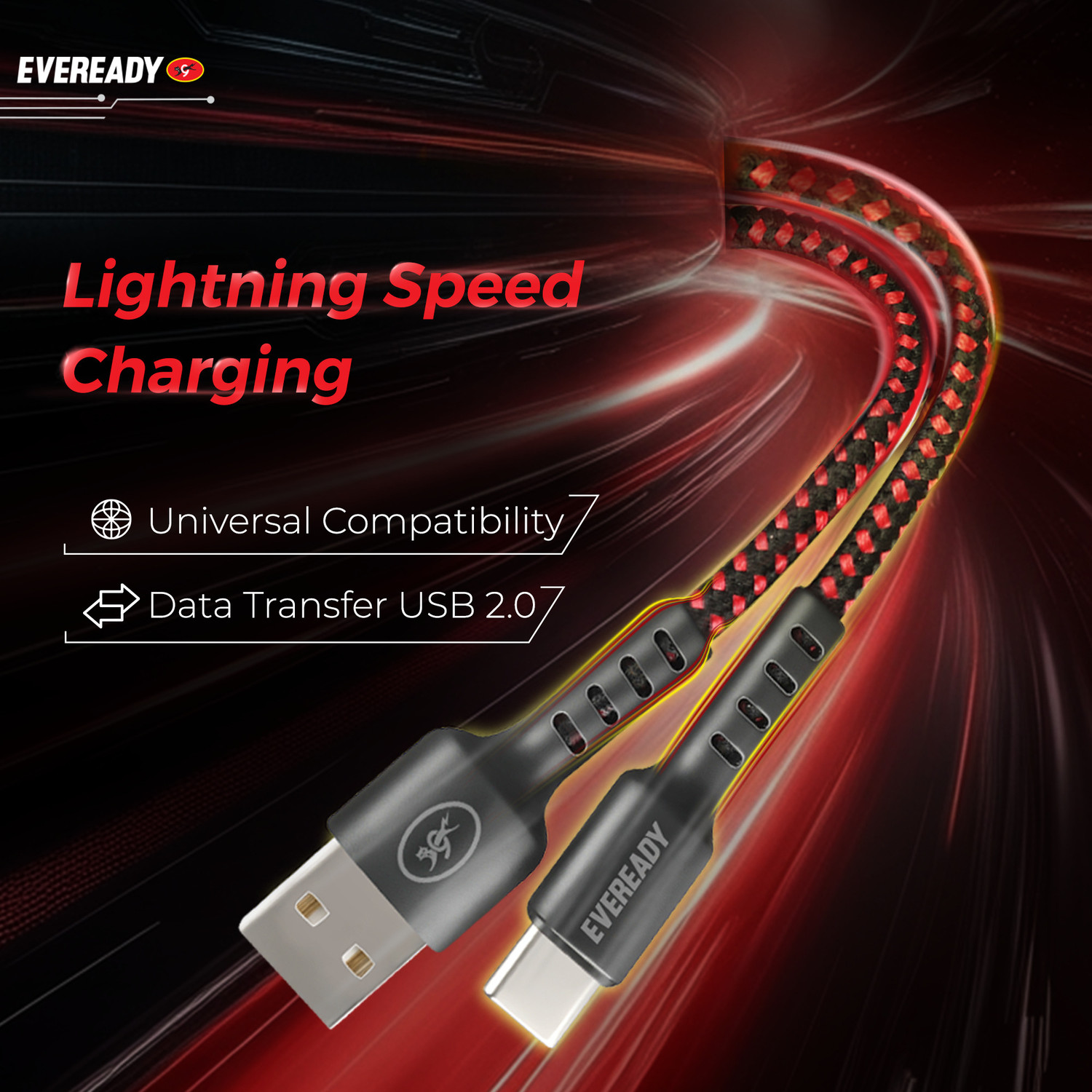 Image of Eveready USB Type C Cable 1.5 m A to C (Compatible with Mobile, Black, USB Type A To USB Type C)