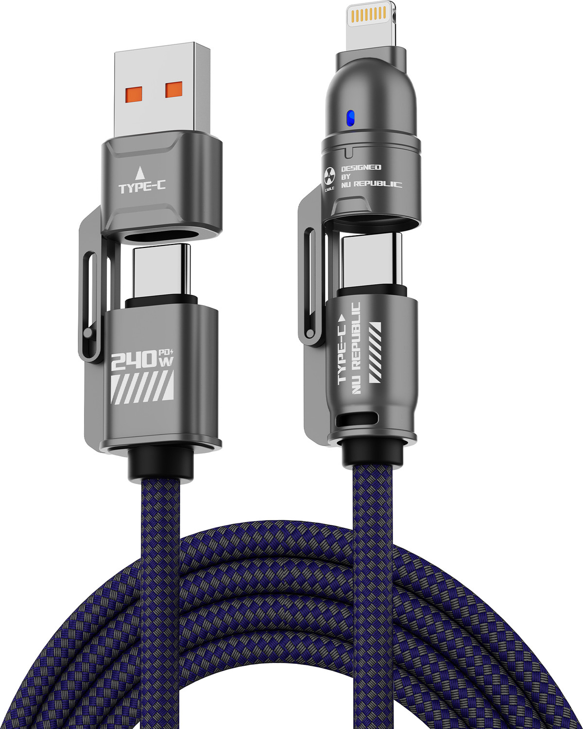 Image of Nu Republic USB Type C Cable 1 m Blaze Fusion-Q 240W 4-in-one USB-A to Type-C to Type-C + Type-L Metal Connector Fast Data Charge Premium Nylon Braided Cable