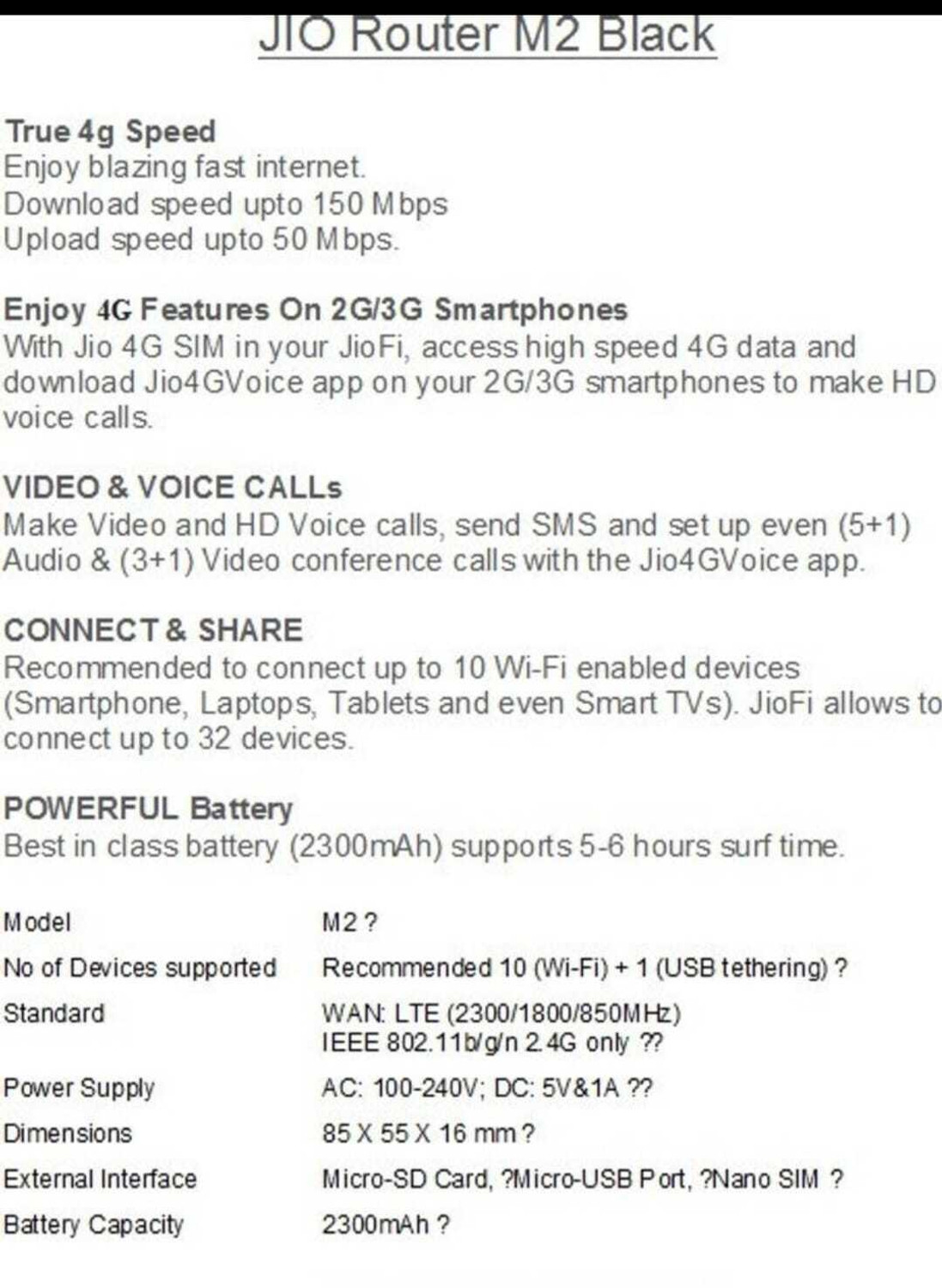 Image of JioFi M2S Wi-Fi Wireless Dongal 150 Mbps Data Card with Call Support