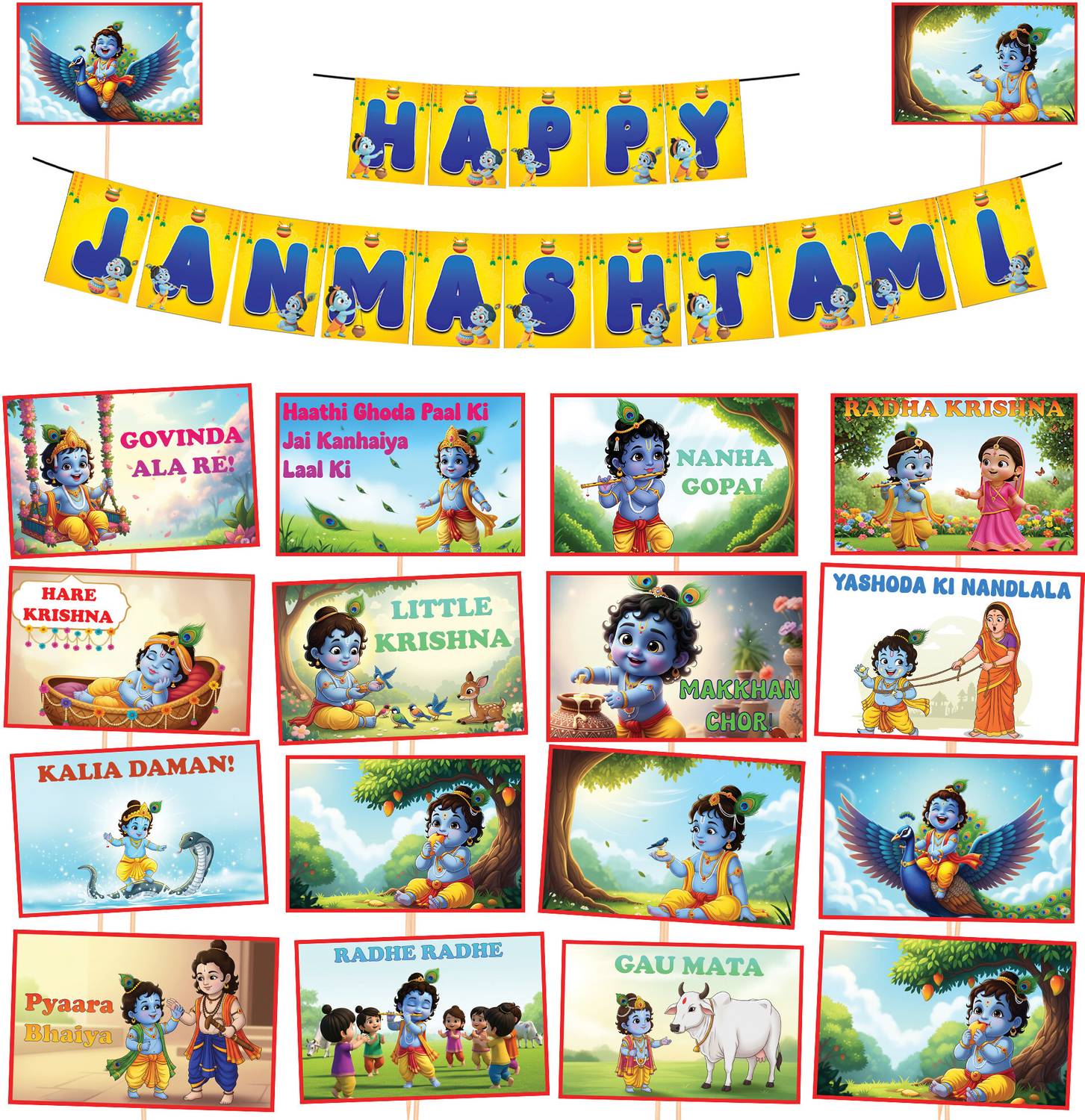 1iAM Multicolor Janmashtami Decoration Items 18pcs Photo Booth Props with 1pc Banner- Pack of 19