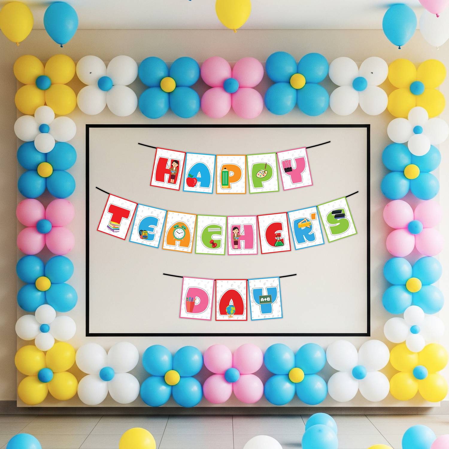 1iAM Multicolor Happy Teachers Day Decoration Items Pack of 62|1 Banner|60 Balloons for Tuition