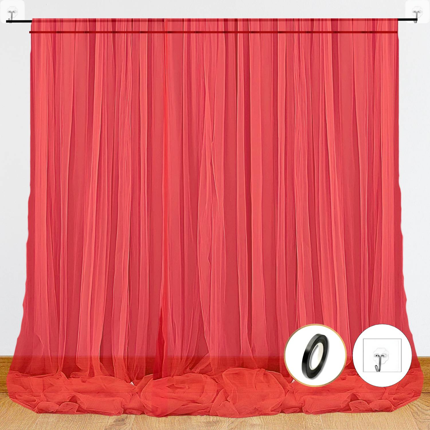 1iAM 5pcs Red Decoration Net /Backdrop Net Curtains Hook & Ribbon Combo 2pcs Large Red Net Stitched with Ribbon & 2pcs Gummy Hooks & 1pc Ring Ribbon