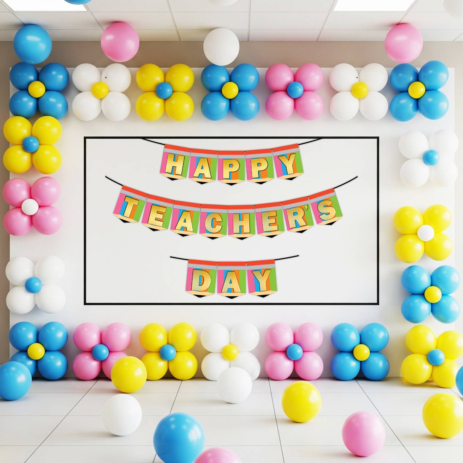 1iAM Multicolor Happy Teachers Day Balloon Decoration Set of 62|Banner|60 Balloons For School