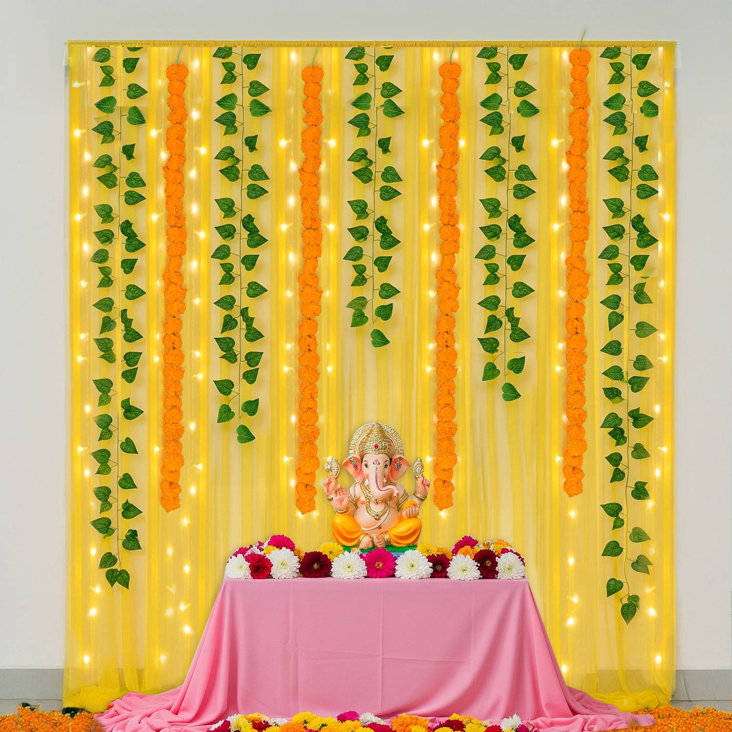 specialyou.in Multicolor Ganpati Decoration Home Background, Ganesh Chaturthi Items Flowers Set for Pooja