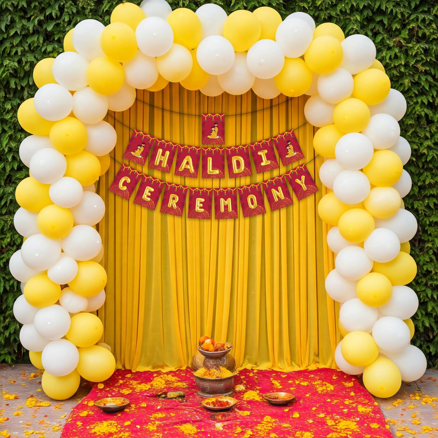 1iAM Multicolor Haldi Ceremony Decoration Items Pack of 47|40 Balloons|2 Yellow Net for Wedding