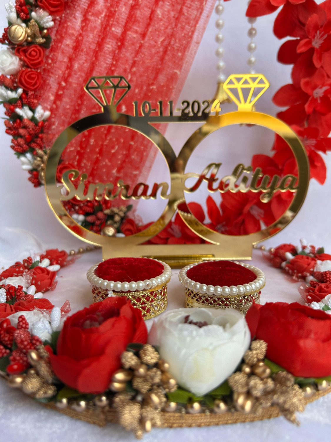 Image of Mridang Engagement Ring platter with Customize name beautiful Floral work Wood Decorative Platter