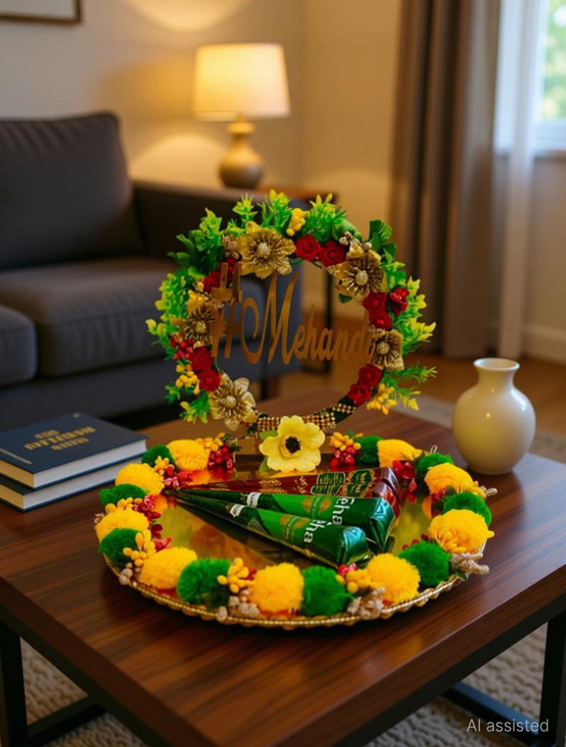 Image of Unique Palette Beautiful Mehndi Platter Wedding Decoration Platter Wedding Haldi Tray Wood Decorative Platter