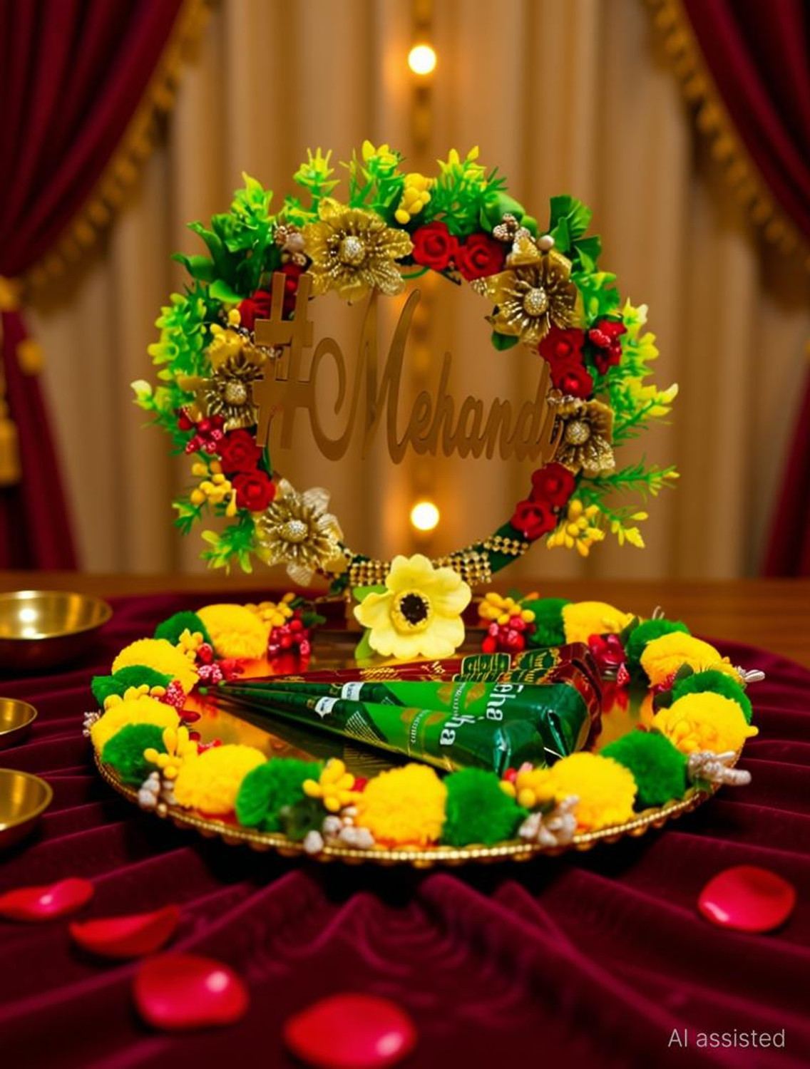 Image of Unique Palette Beautiful Mehndi Platter Wedding Decoration Platter Wedding Haldi Tray Wood Decorative Platter