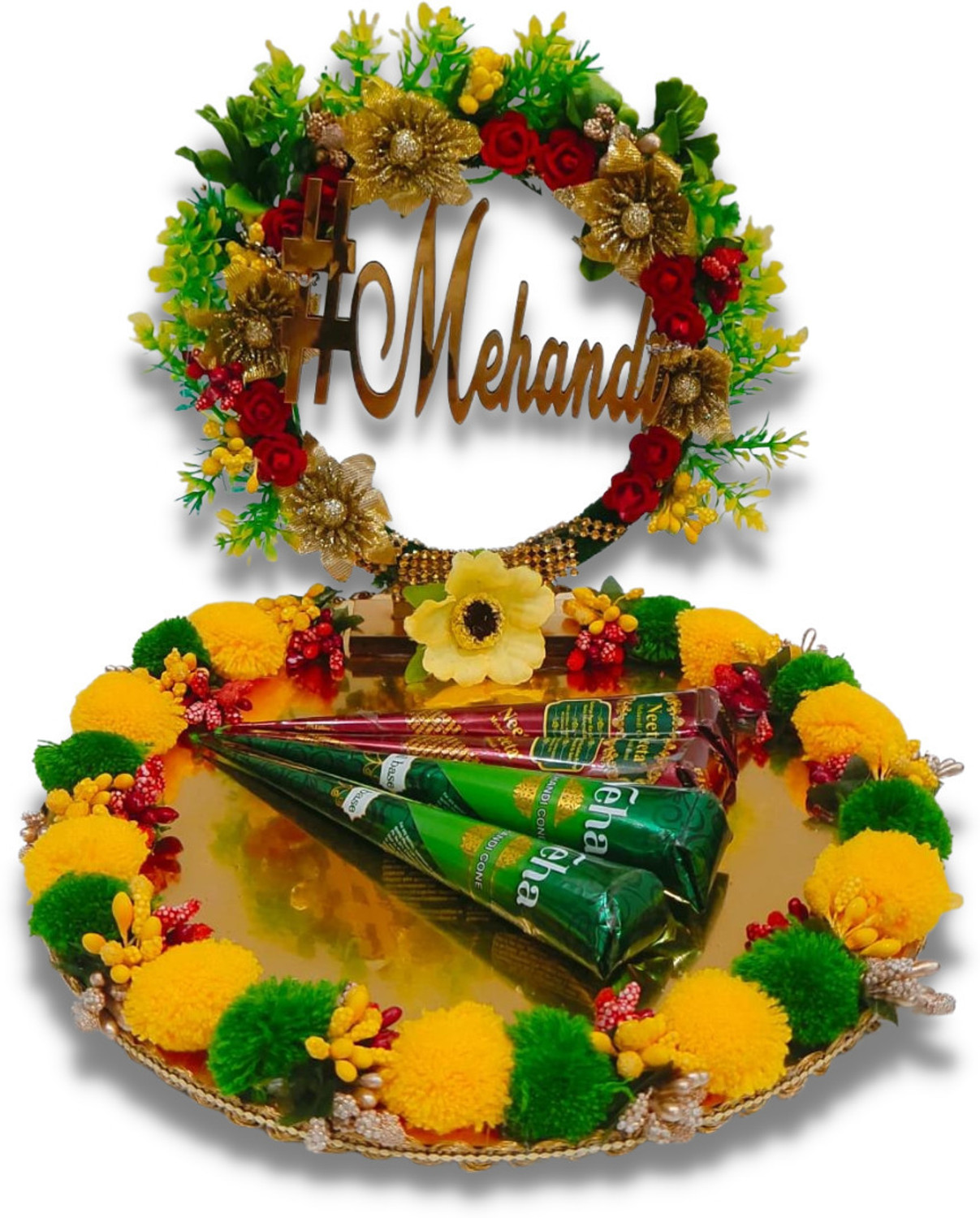Image of Unique Palette Beautiful Mehndi Platter Wedding Decoration Platter Wedding Haldi Tray Wood Decorative Platter