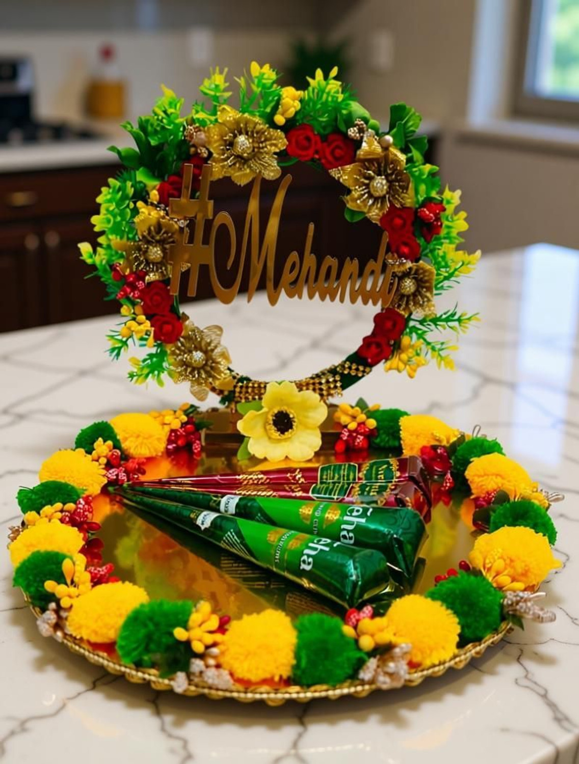 Image of Unique Palette Beautiful Mehndi Platter Wedding Decoration Platter Wedding Haldi Tray Wood Decorative Platter