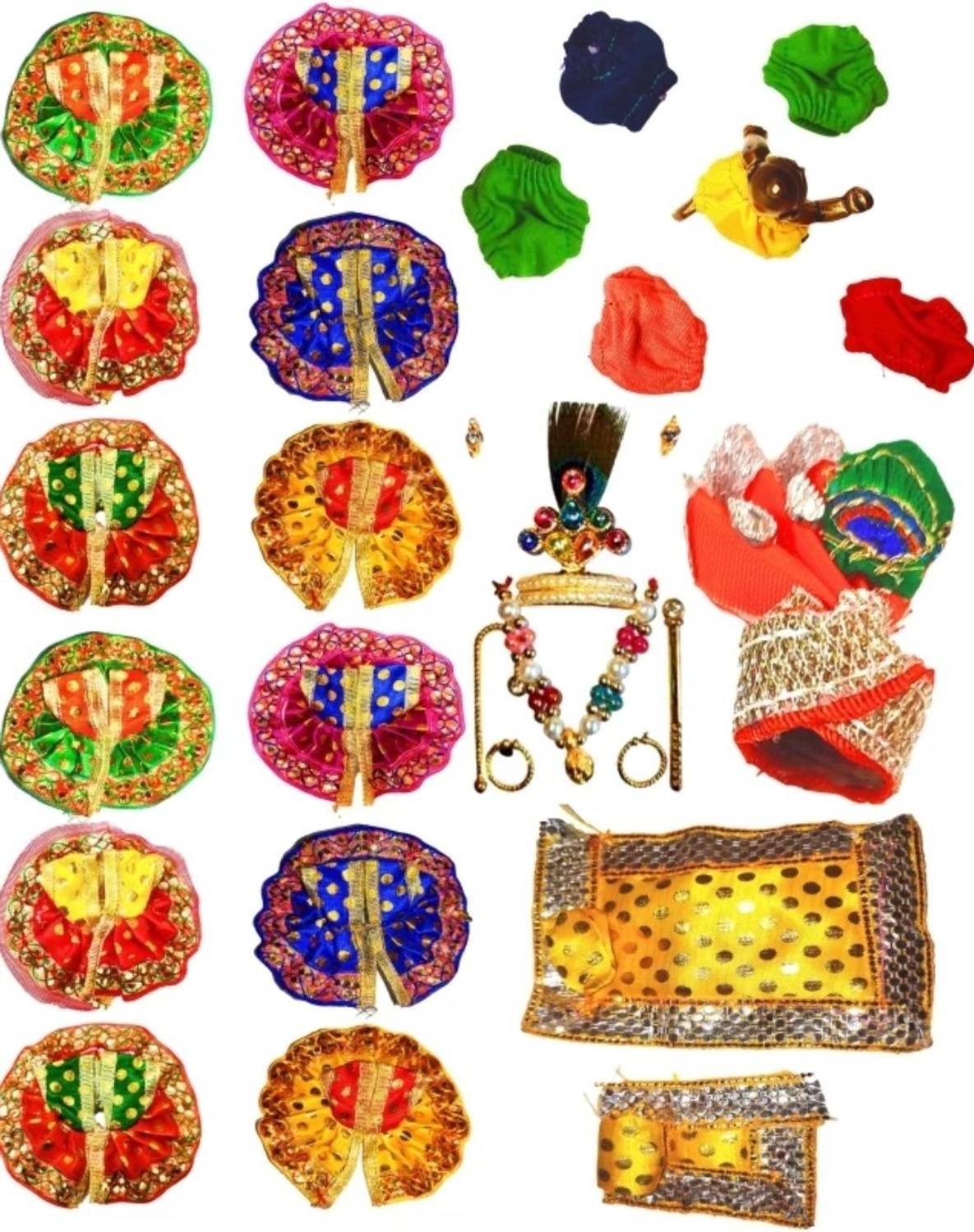 braj bazar (Package of 21), Size-0.,12-Laddu Gopal Dress With 5-Napy, 1-Mukut Set, 1Cushion Dress