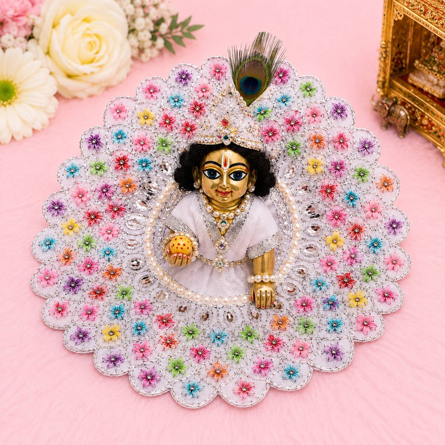 LADDU GOPAL Laddu Gopal Ji Premium Designer White Floral Poshak Dress