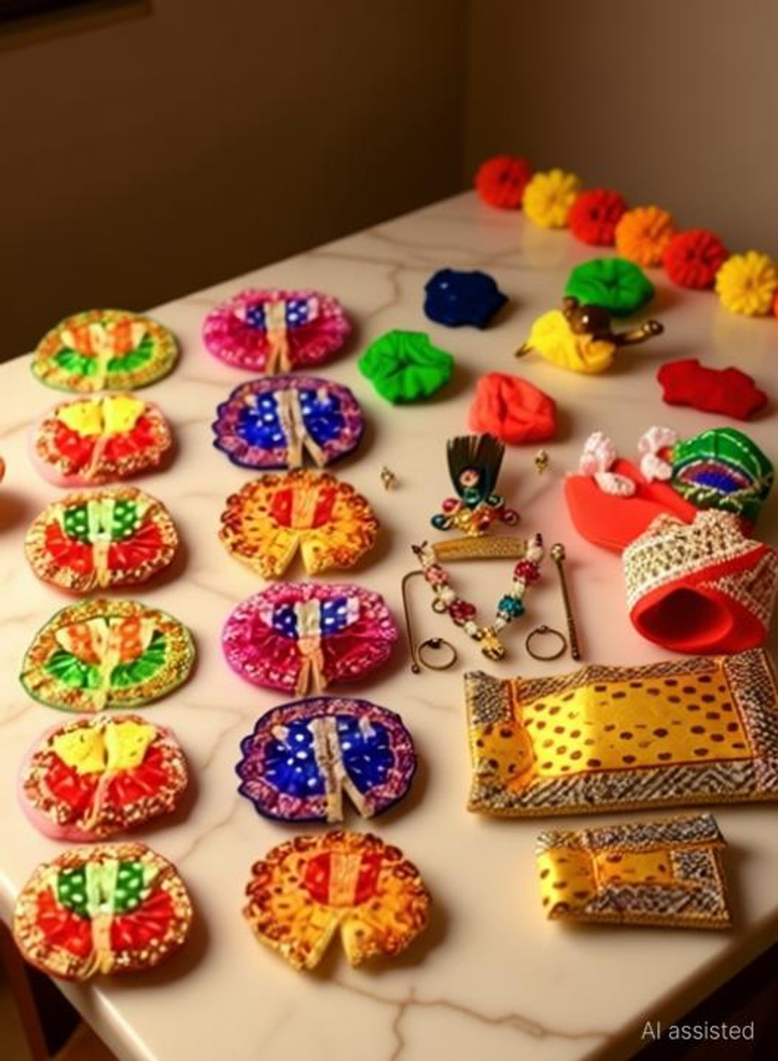 Image of gofii (Package of 21), Size-0 12-Laddu Gopal Dress With 6-Napy, 2-Mukut Set, 1 Cushion Dress