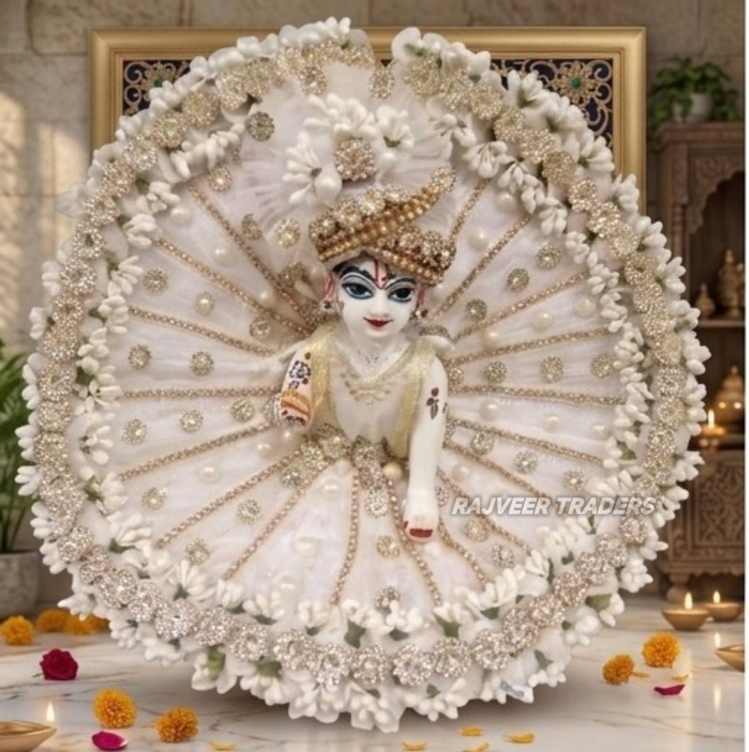 Rajveer Traders Size1, White Floral Designer Poshak for Laddu Gopal Ji, Janmashtami Special Dress