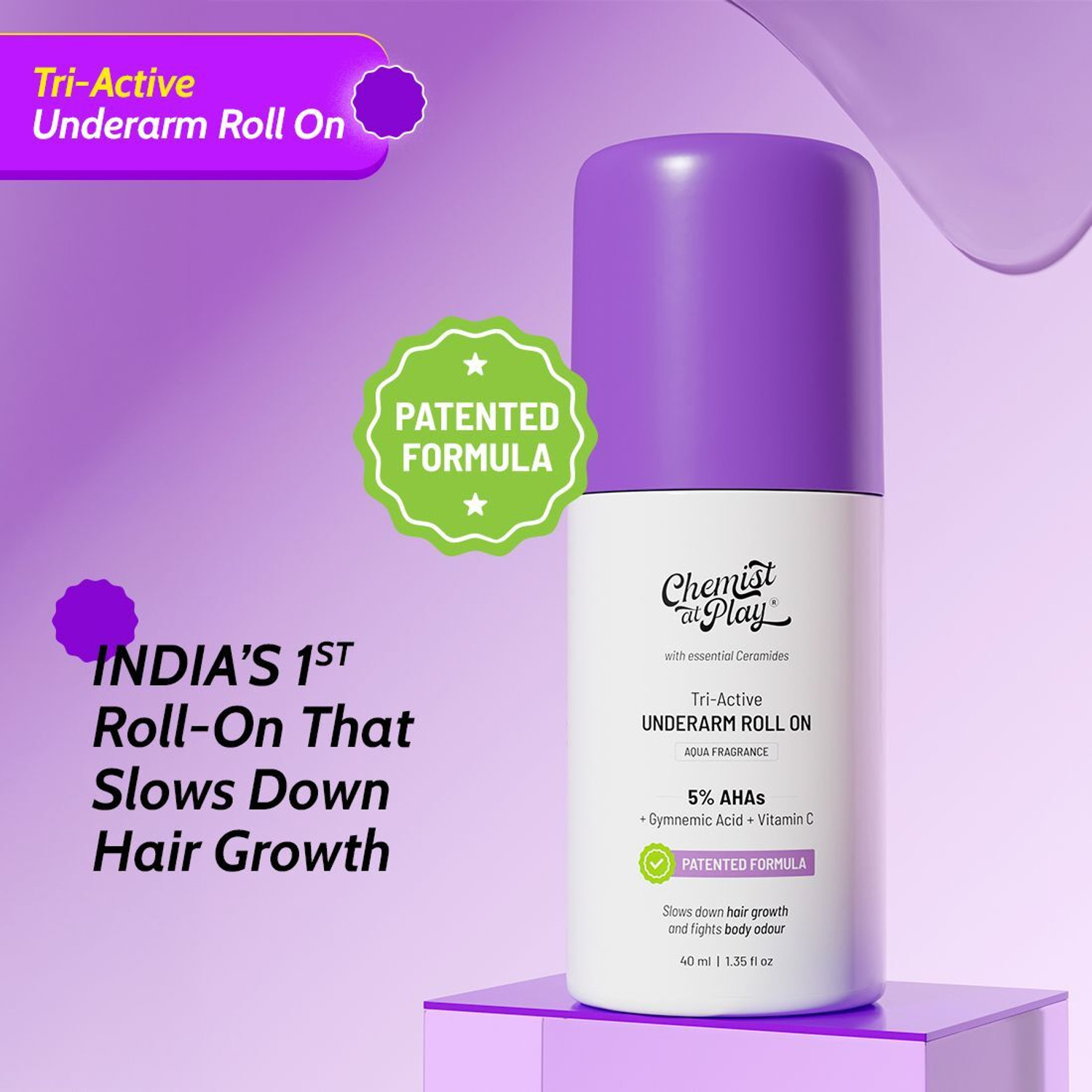 Image of Chemist at Play Tri-Active Underarm Roll On | India's 1st Underarm Hair Retardation Roll On Deodorant Roll-on - For Men & Women
