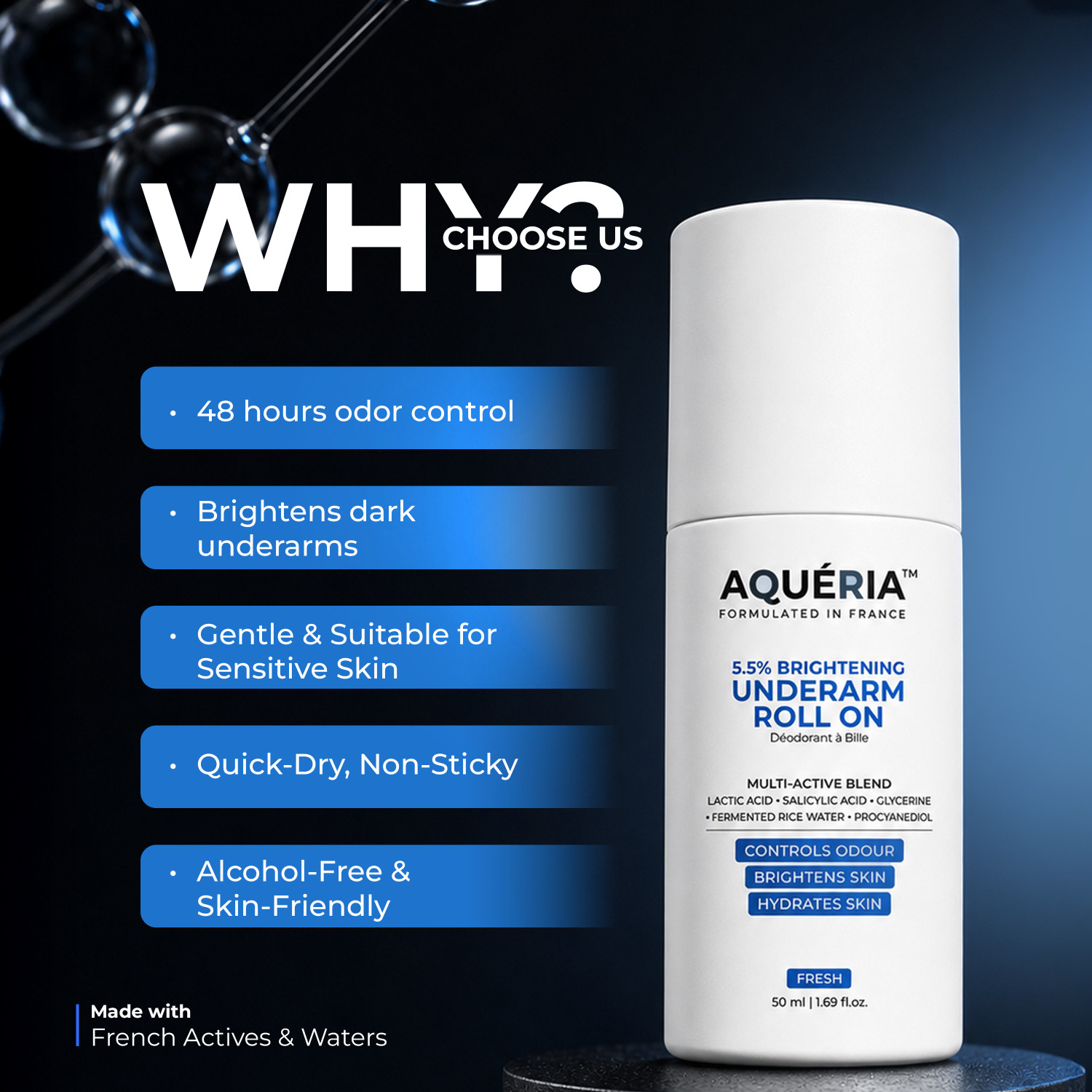 Image of Aqueria 5.5% AHA BHA Brightening Underarm Roll On | Fresh Fragrance Deodorant Roll-on - For Men & Women