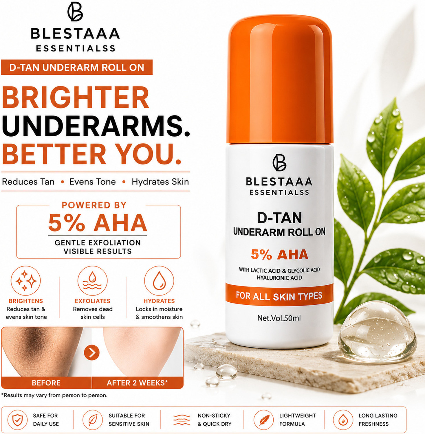 Image of blestaaa essentialss 5% AHA BHA Underarm Roll On Helps Reduce Tan and Brighten Skin Fast Deodorant Roll-on - For Men & Women