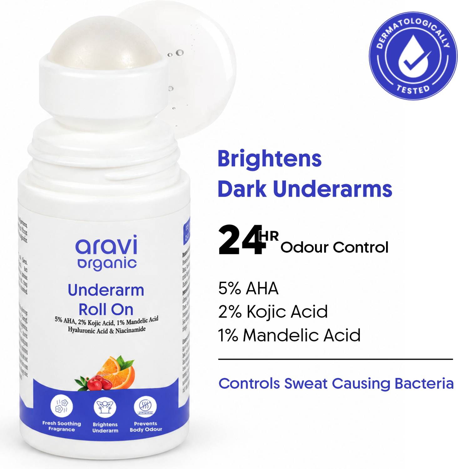 Aravi Organic Brightening Underarm Roll On | 2% Kojic Acid 5% AHA for Odour & Pigmentation Deodorant Roll-on - For Men & Women