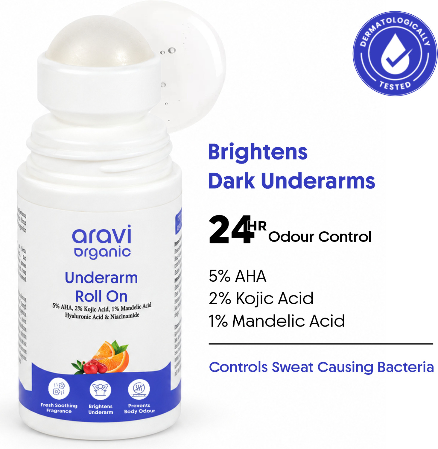Image of Aravi Organic Brightening Underarm Roll On | 2% Kojic Acid 5% AHA for Odour & Pigmentation Deodorant Roll-on - For Men & Women