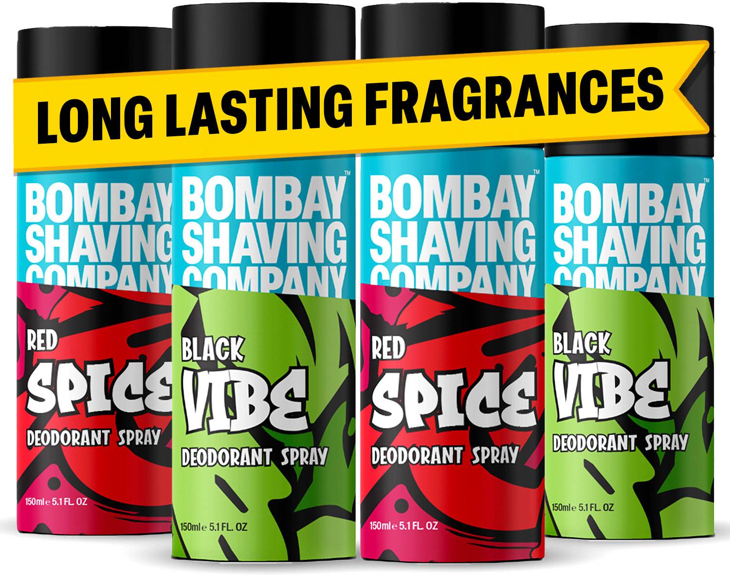 BOMBAY SHAVING COMPANY Red Spice & Black Vibe 150ml x 4 Combo Deodorant Spray  –  For Men(600 ml, Pack of 4)