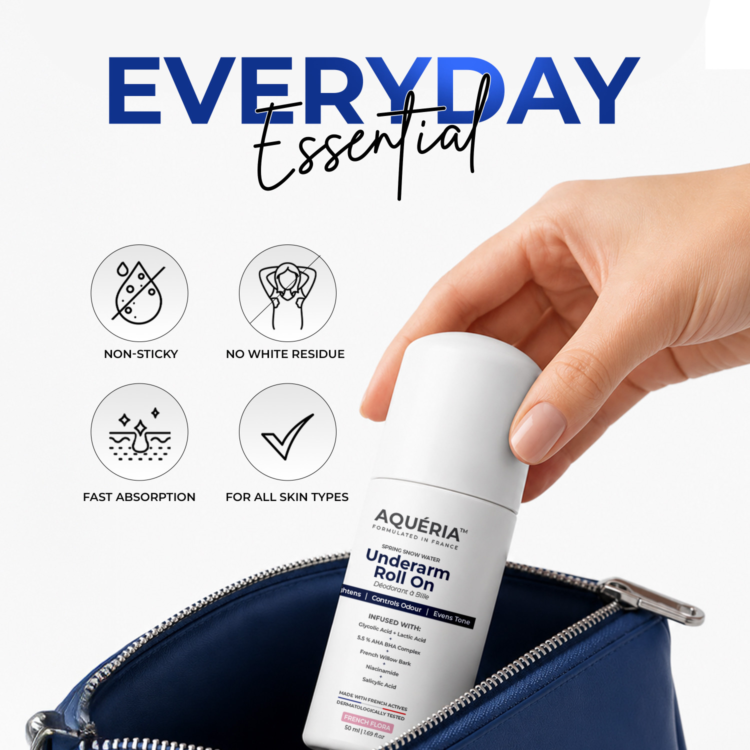 Image of Aqueria Multi Active Underarm Roll On | 5.5% AHA BHA, Niacinamide - Flora Fragrance Deodorant Roll-on - For Men & Women