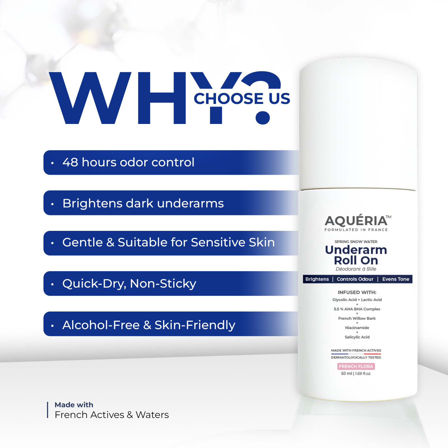 Image of Aqueria Multi Active Underarm Roll On | 5.5% AHA BHA, Niacinamide - Flora Fragrance Deodorant Roll-on - For Men & Women