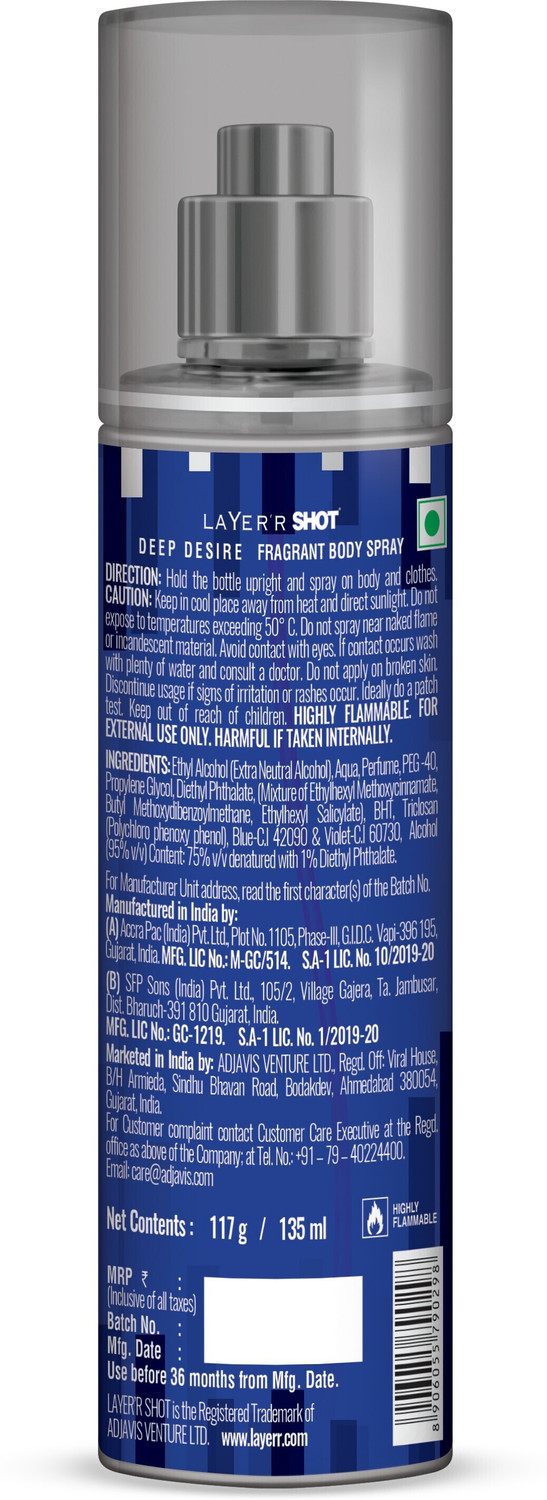 Image of LAYER'R SHOT DEEP DESIRE 135ml Body Spray - For Men