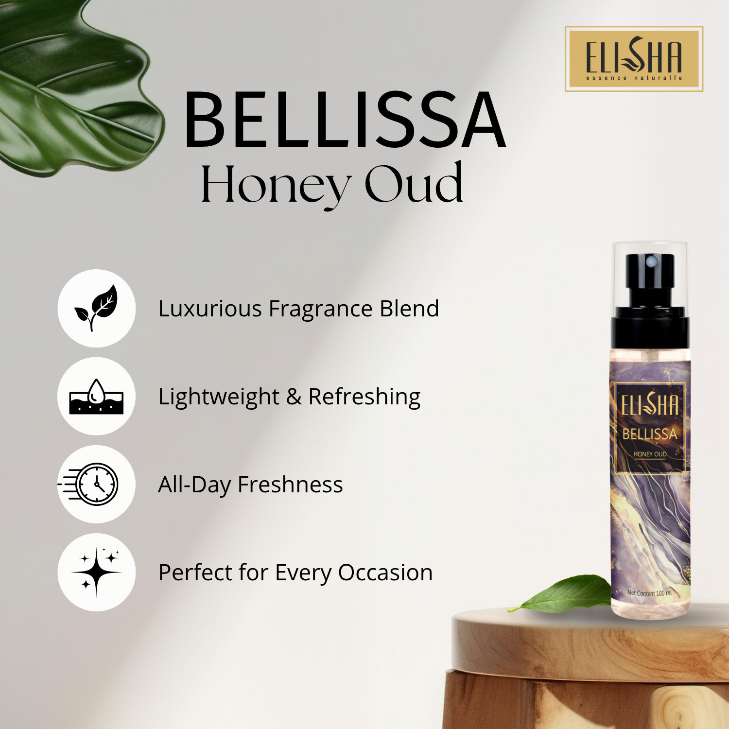 Image of ELISHA Bellissa Honey Oud Perfume - Luxury Floral & Woody Scent, Long-Lasting Body Mist - For Men & Women