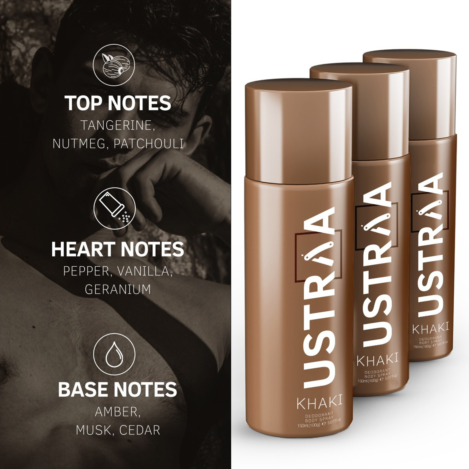 Image of USTRAA KHAKI Deodorant Body Spray - 150ml - Pack of 3 Deodorant Spray - For Men (450 ml, Pack of 3)