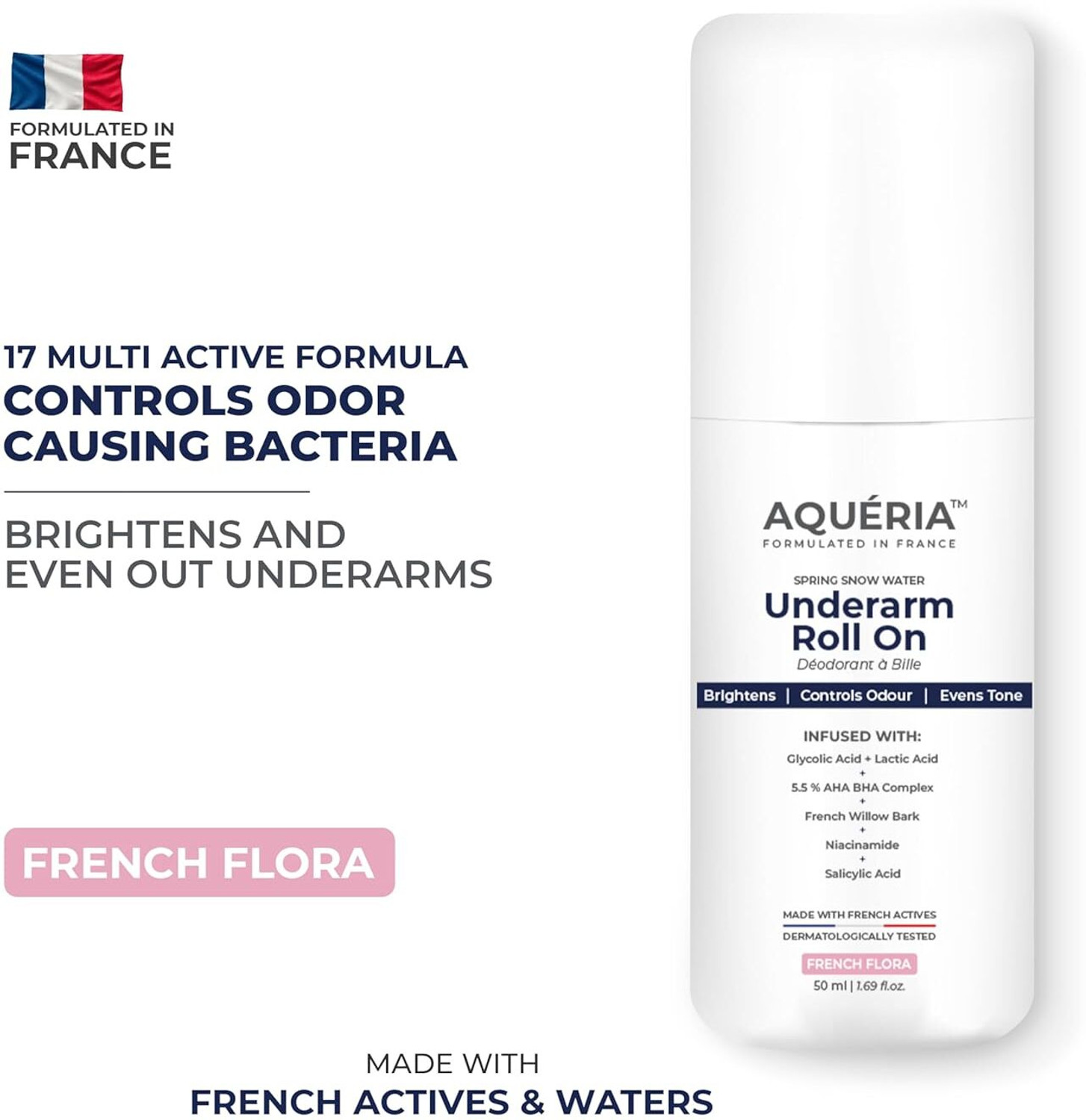 Image of Aqueria Multi Active Underarm Roll On | 5.5% AHA BHA, Niacinamide - Flora Fragrance Deodorant Roll-on - For Men & Women