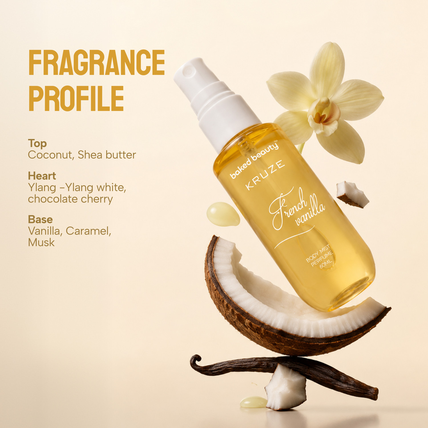 Image of BAKED BEAUTY Kruze French Vanilla Body Mist Refreshing Long Lasting Gourmet Fragrance Body Mist - For Women