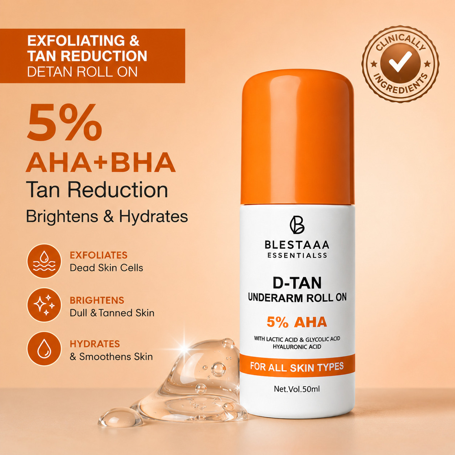 Image of blestaaa essentialss 5% AHA Underarm Roll-On A Brightening Care with Lactic & Glycolic Acid. | Deodorant Roll-on - For Men & Women