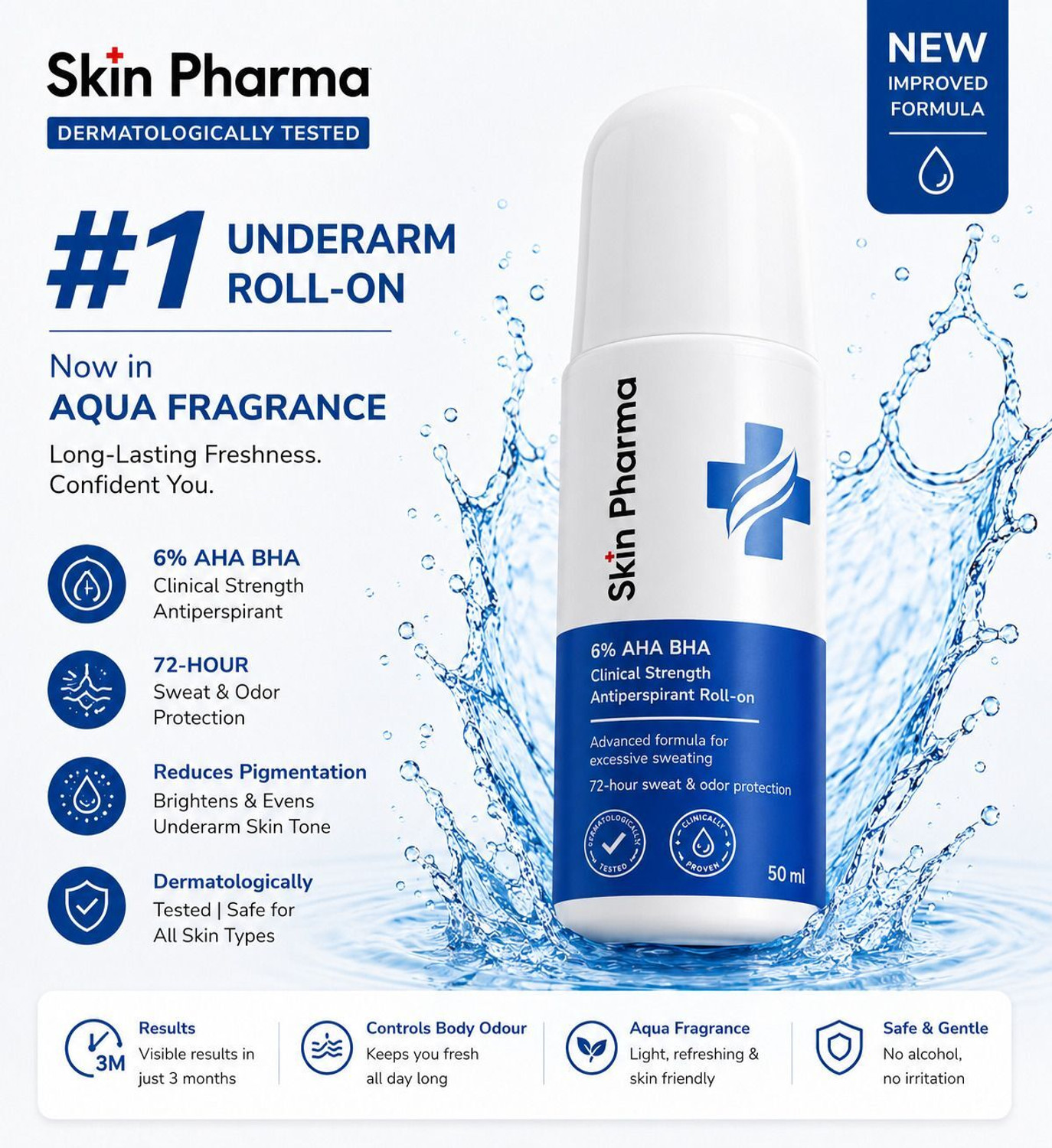 Skin Pharma Underarm Roll On | 6% AHA BHA | Pigmentation & Sweat Control | Aqua Fragrance Deodorant Roll-on  -  For Men & Women