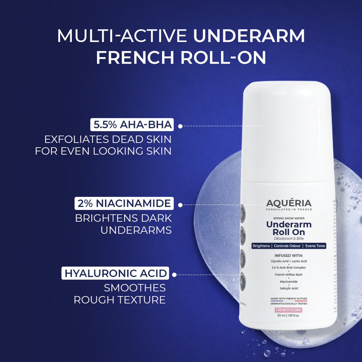 Image of Aqueria Multi Active Underarm Roll On | 5.5% AHA BHA, Niacinamide - Flora Fragrance Deodorant Roll-on - For Men & Women