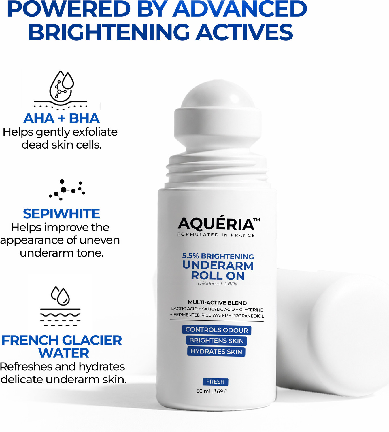 Image of Aqueria Multi Active Underarm Roll On | 5.5% AHA BHA, Niacinamide - Aqua Fragrance Deodorant Roll-on - For Men & Women