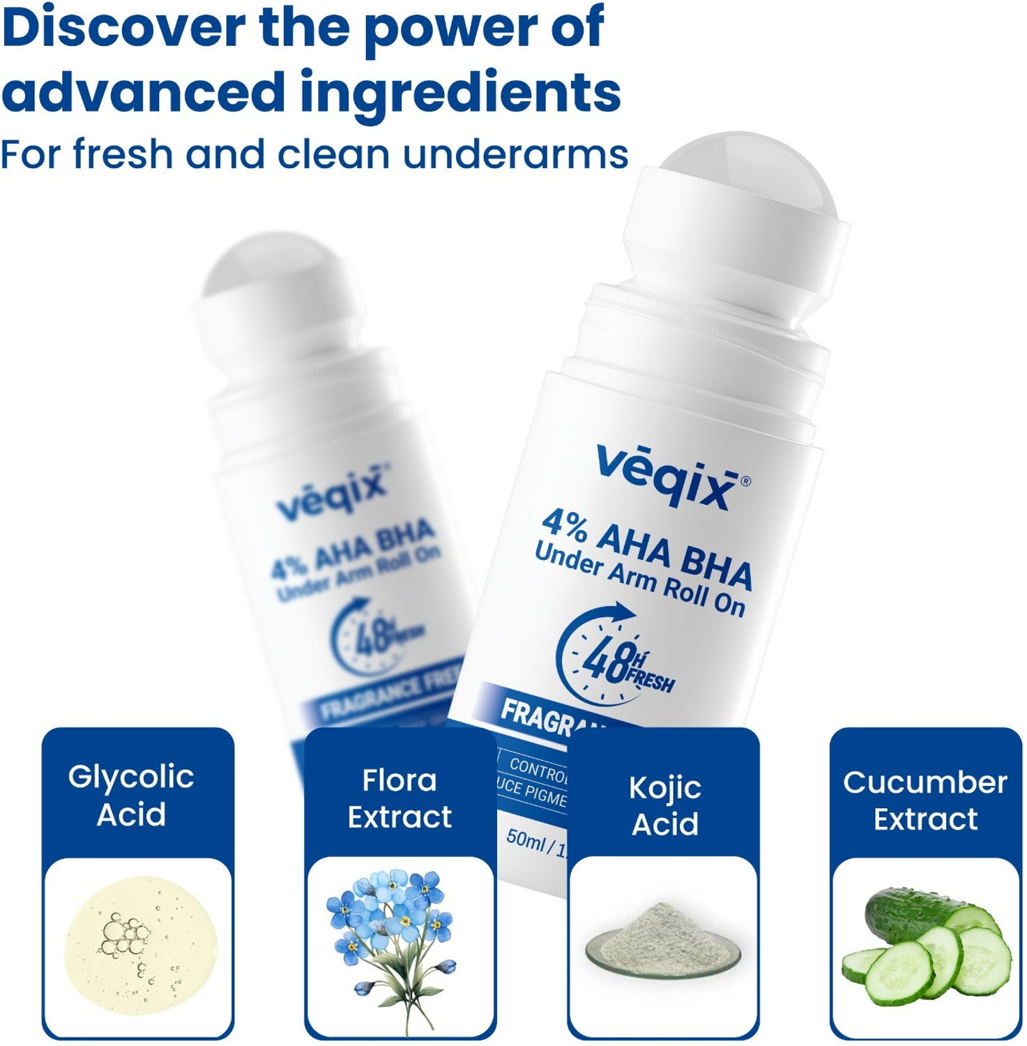 Image of veqix 4% AHA BHA | Reduces Pigmentation & Odour | Fragrance Free Underarm Deodorant Roll-on - For Women