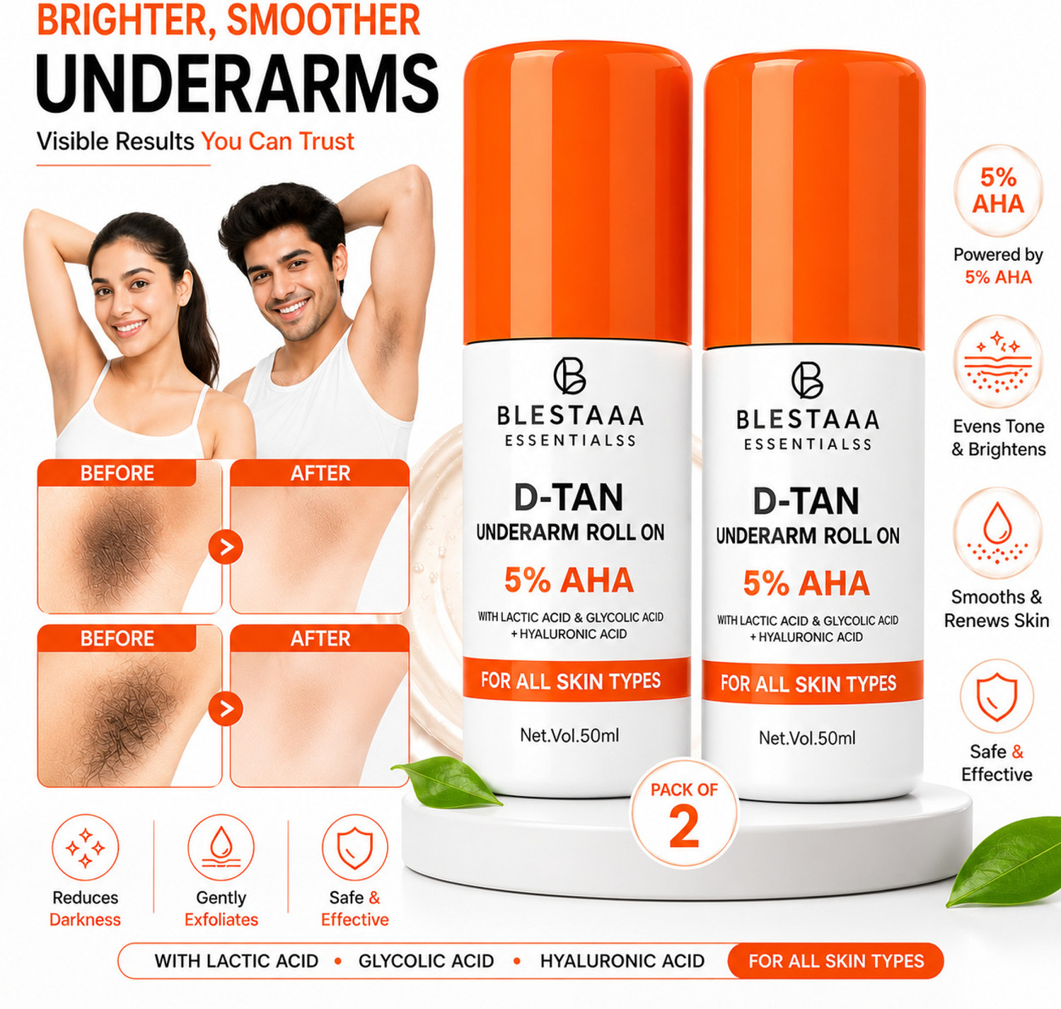 blestaaa essentialss 5% AHA Underarm Roll-On | Smooth, Fresh & Even Skin | Alcohol-Free Deodorant Deodorant Roll-on - For Men & Women